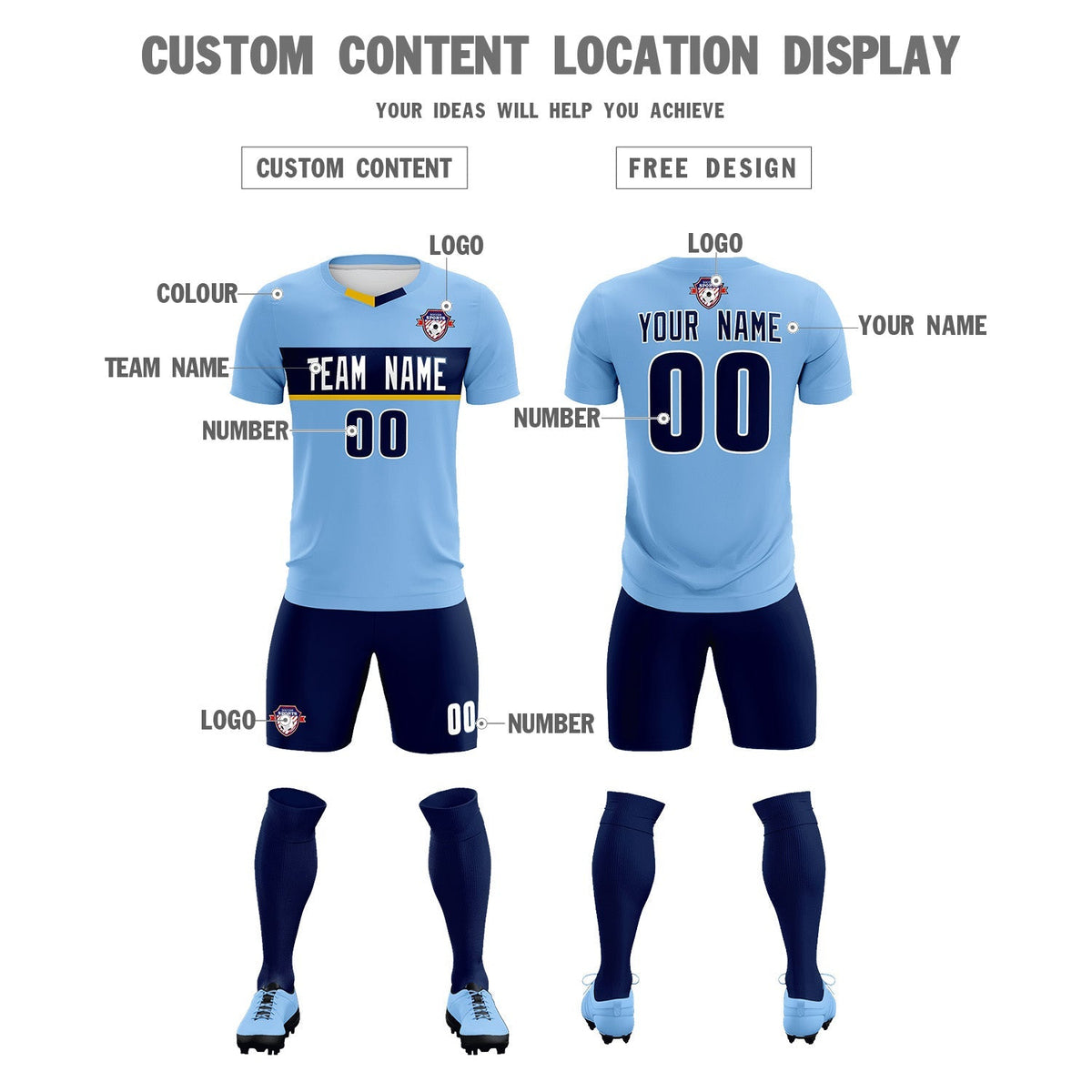 Custom Light Blue Classic Sports kit Football Shirt Jersey