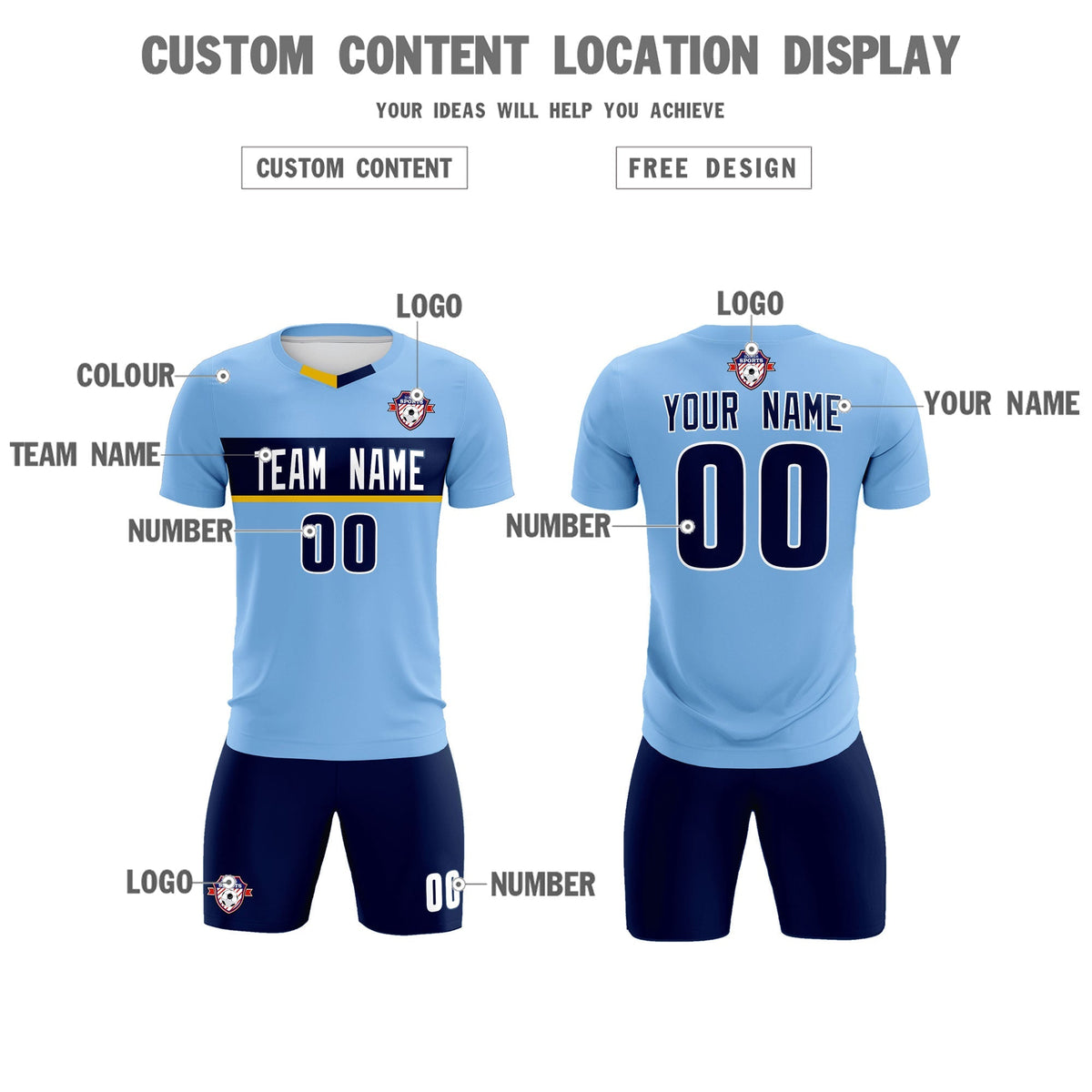 Custom Light Blue Classic Sports kit Football Shirt Jersey