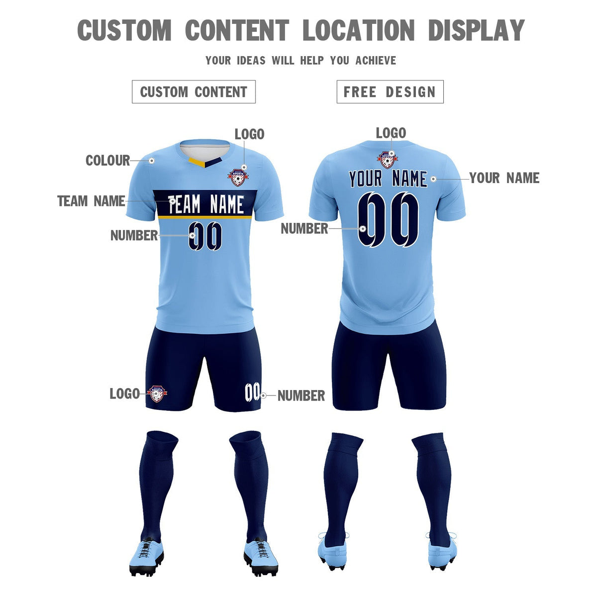 Custom Light Blue Classic Sports kit Football Shirt Jersey