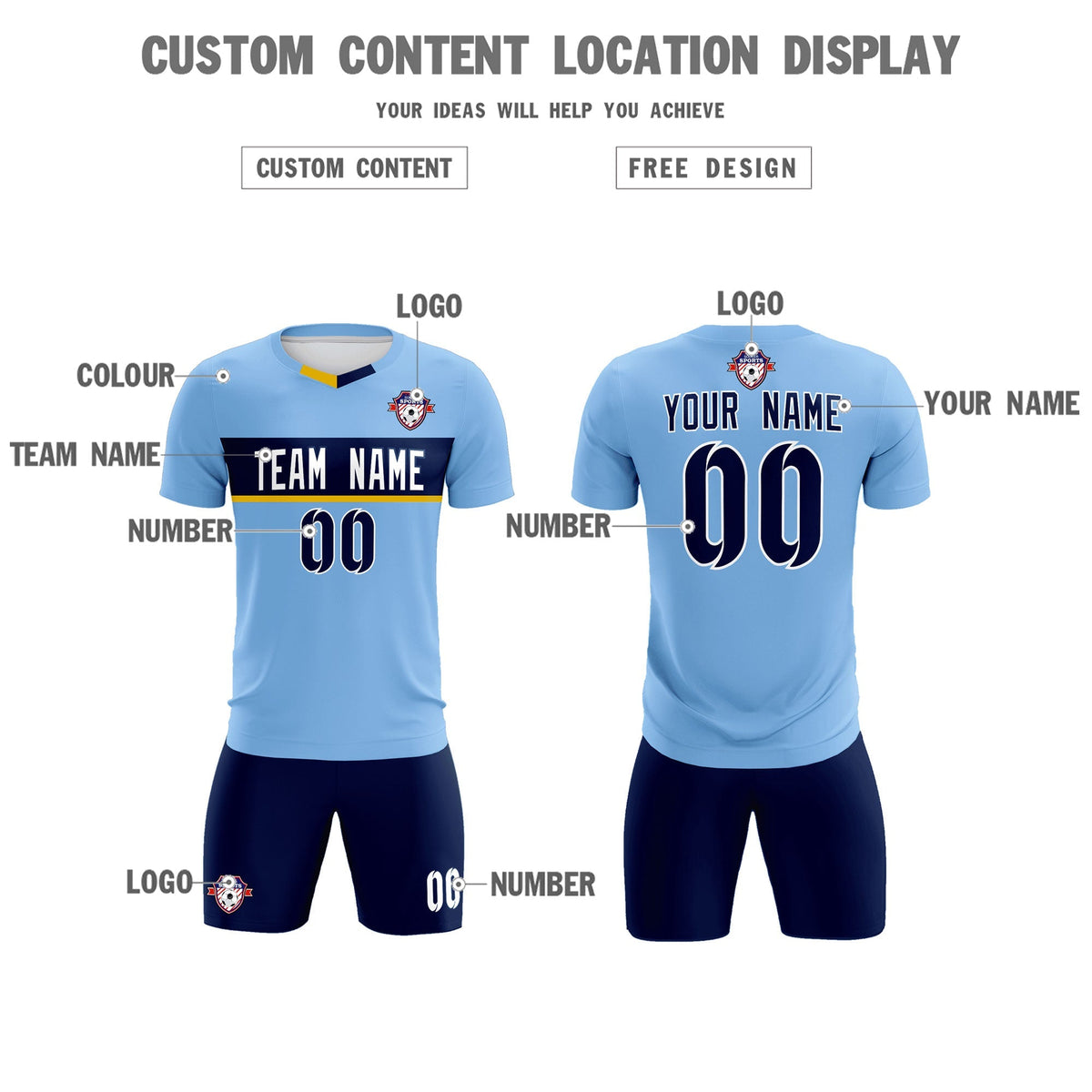 Custom Light Blue Classic Sports kit Football Shirt Jersey