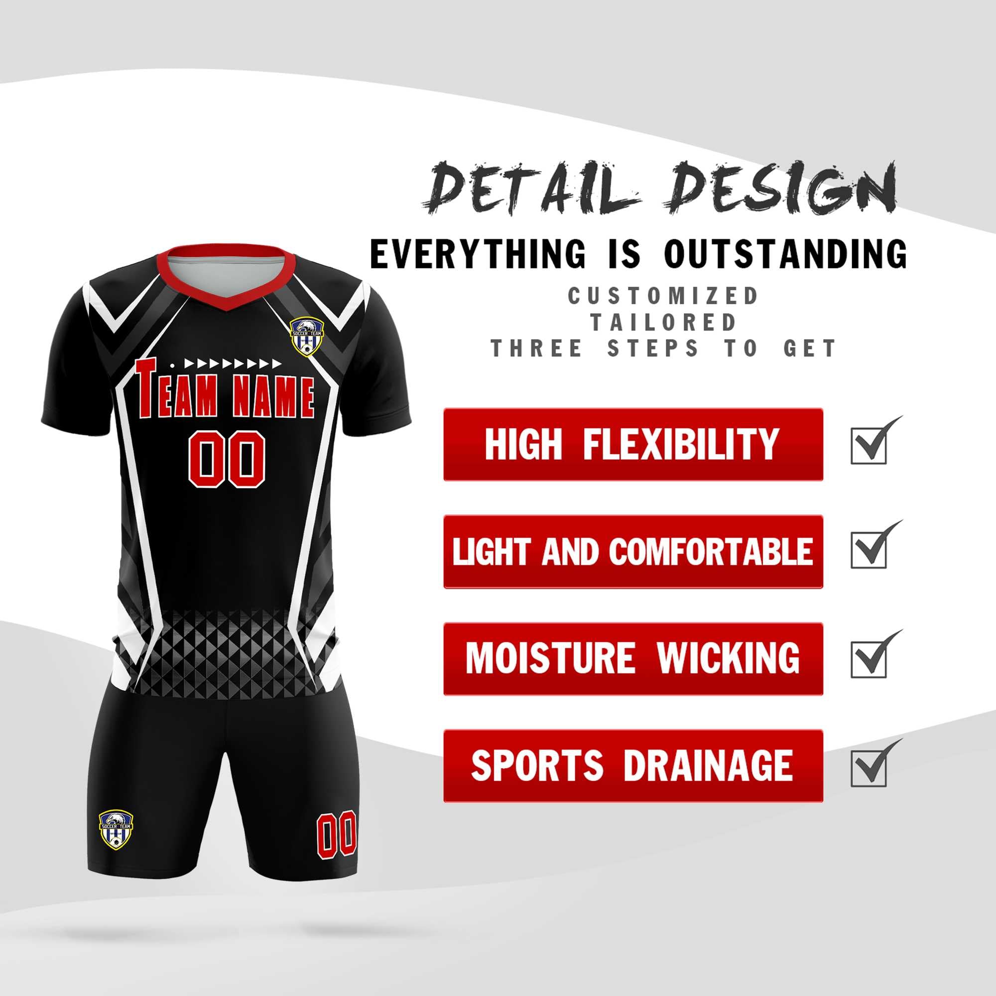 Benutzerdefiniertes, schwarzes, abstraktes, atmungsaktives Fußballtrikot