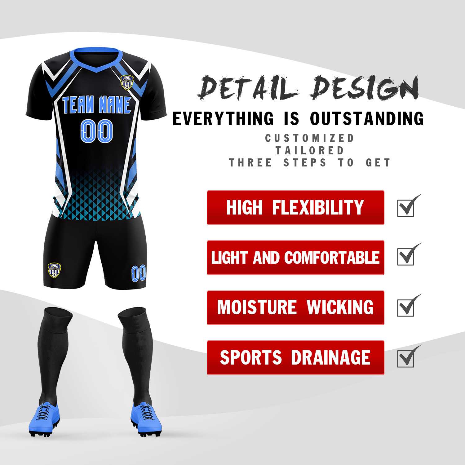 Custom Black Abstract Breathable Football Kit Jersey