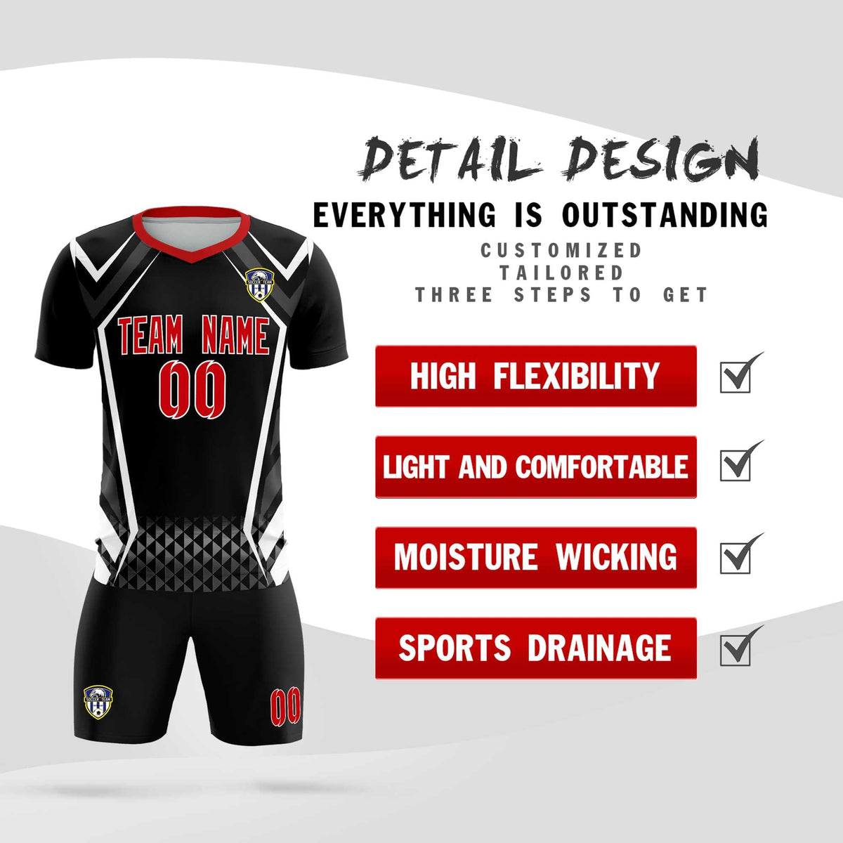 Custom Black Abstract Breathable Football Kit Jersey
