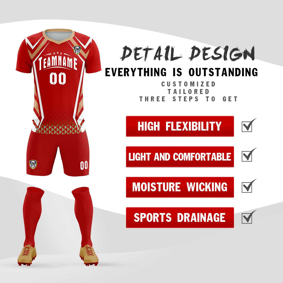 Custom Red Abstract Breathable Football Kit Jersey