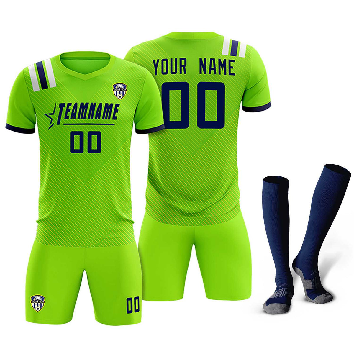 Custom Neon Green Striped Sportswear Football Kit Jersey For Adults