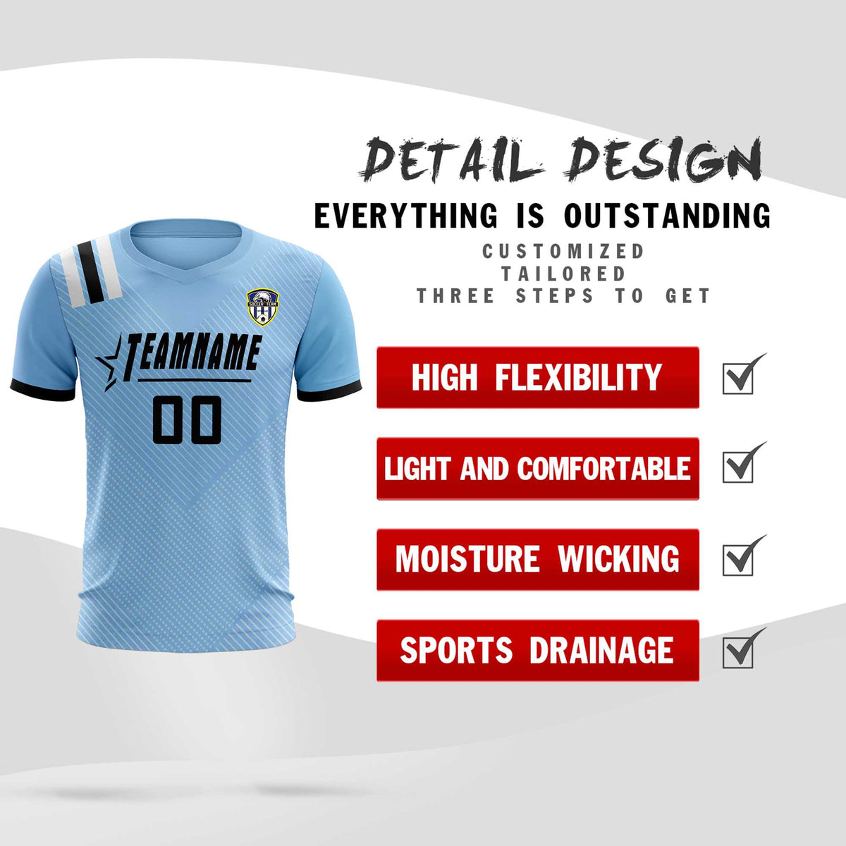Custom Light Blue Striped Sportswear Football Kit Jersey For Adults