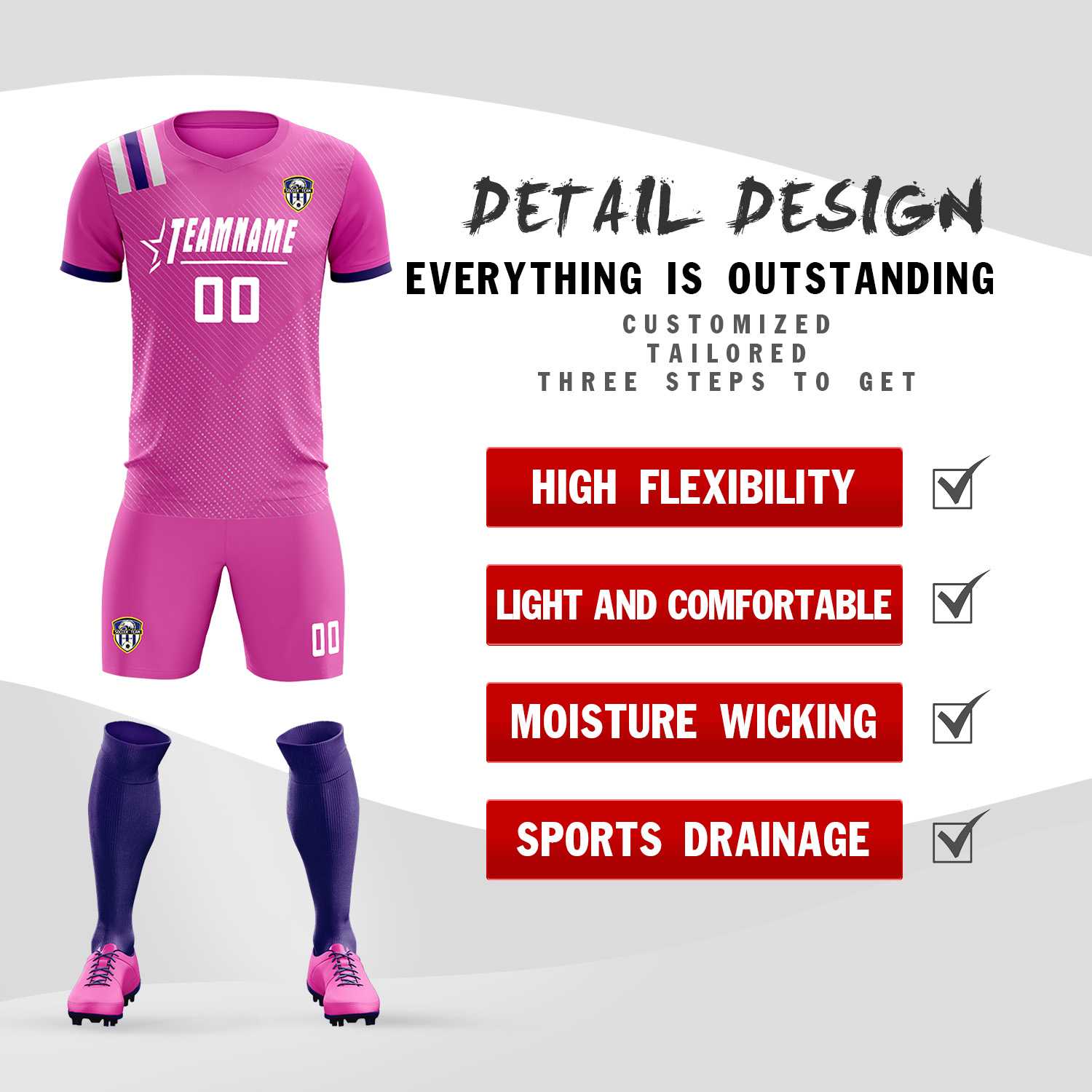Custom Light Red Striped Sportswear Football Kit Jersey For Adults