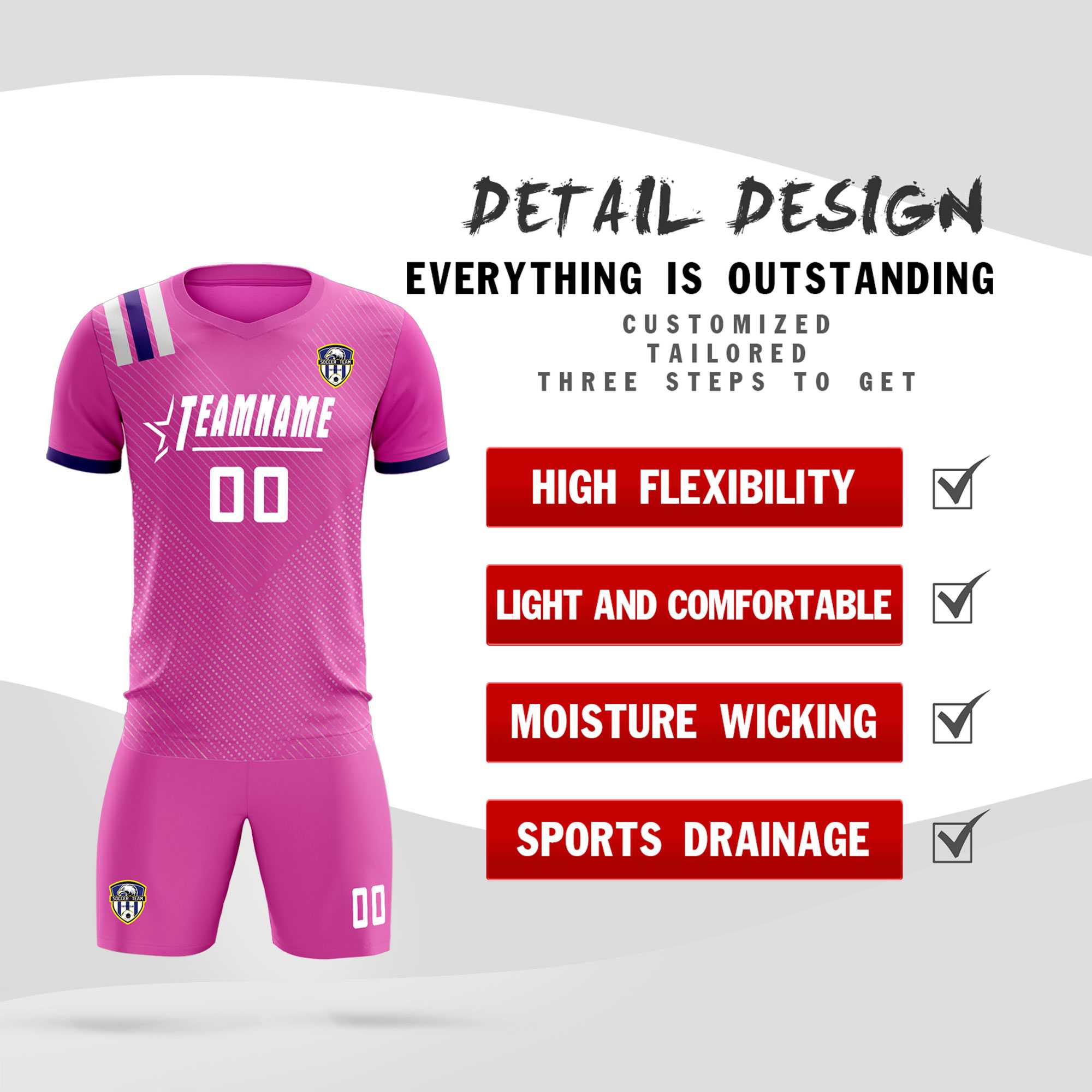 Custom Light Red Striped Sportswear Football Kit Jersey For Adults