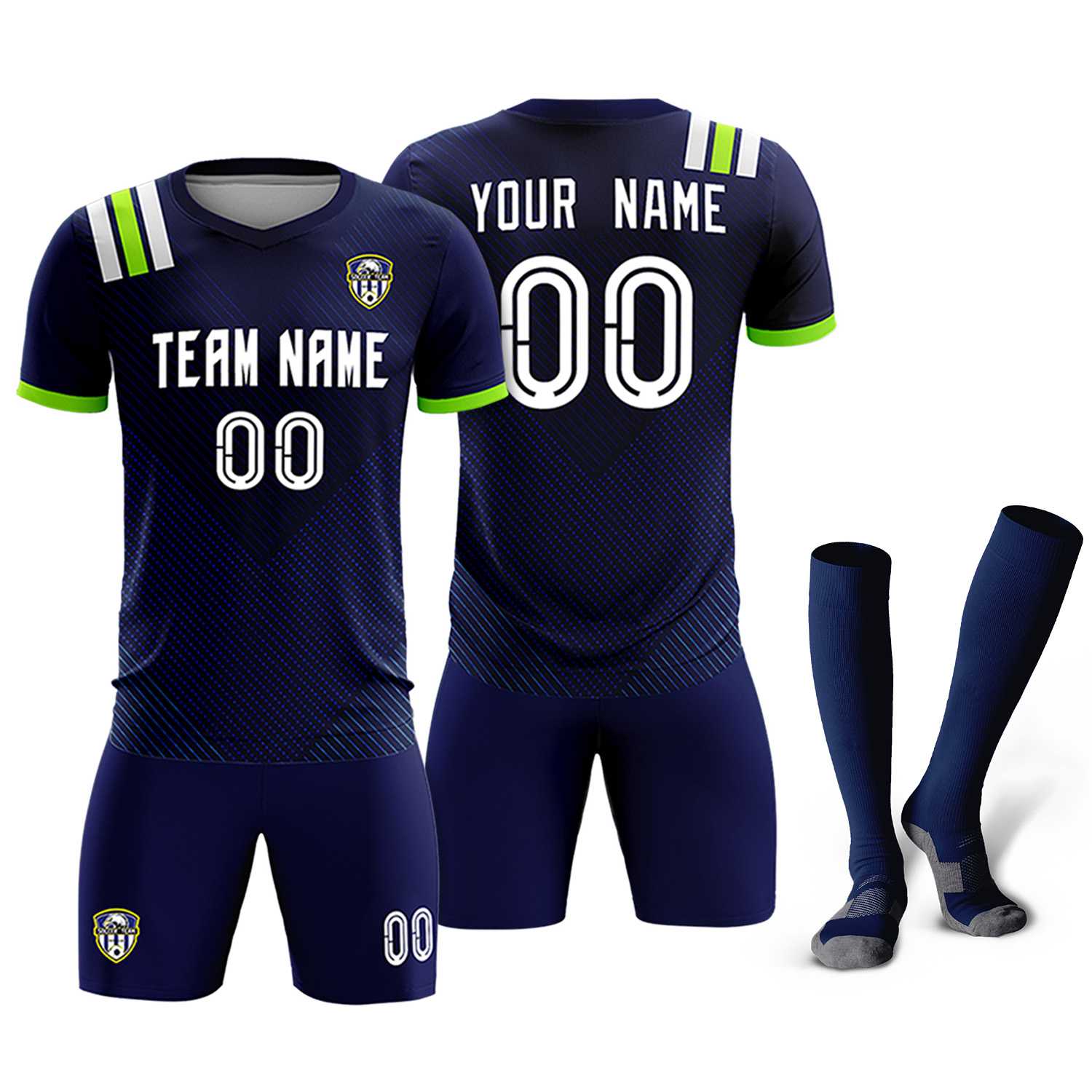 Custom Navy Striped Sportswear Football Kit Jersey For Adults