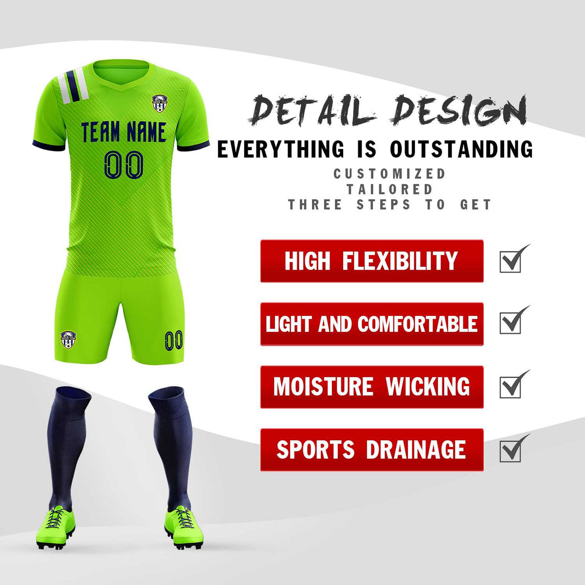 Custom Neon Green Striped Sportswear Football Kit Jersey For Adults