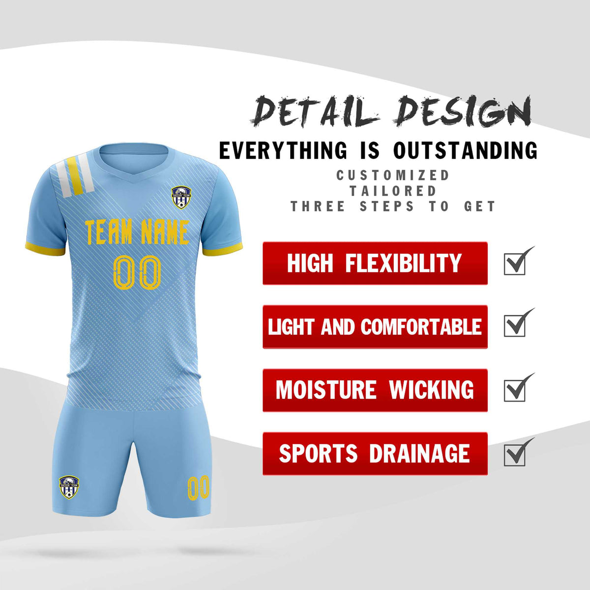 Custom Light Blue Striped Sportswear Football Kit Jersey For Adults
