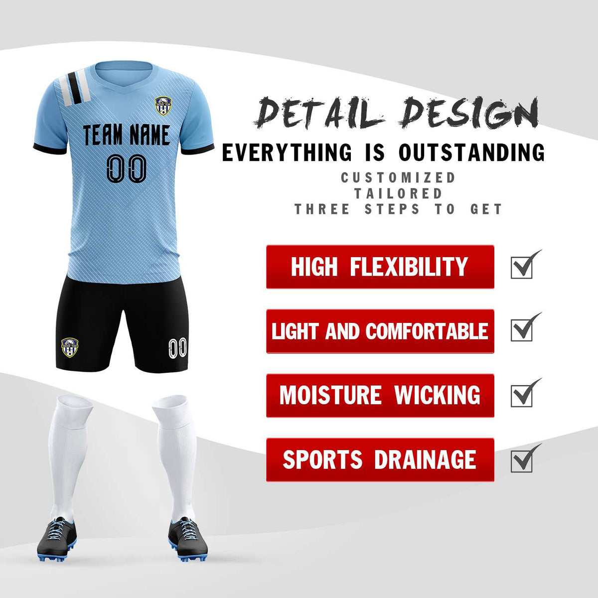 Custom Light Blue Striped Sportswear Football Kit Jersey For Adults