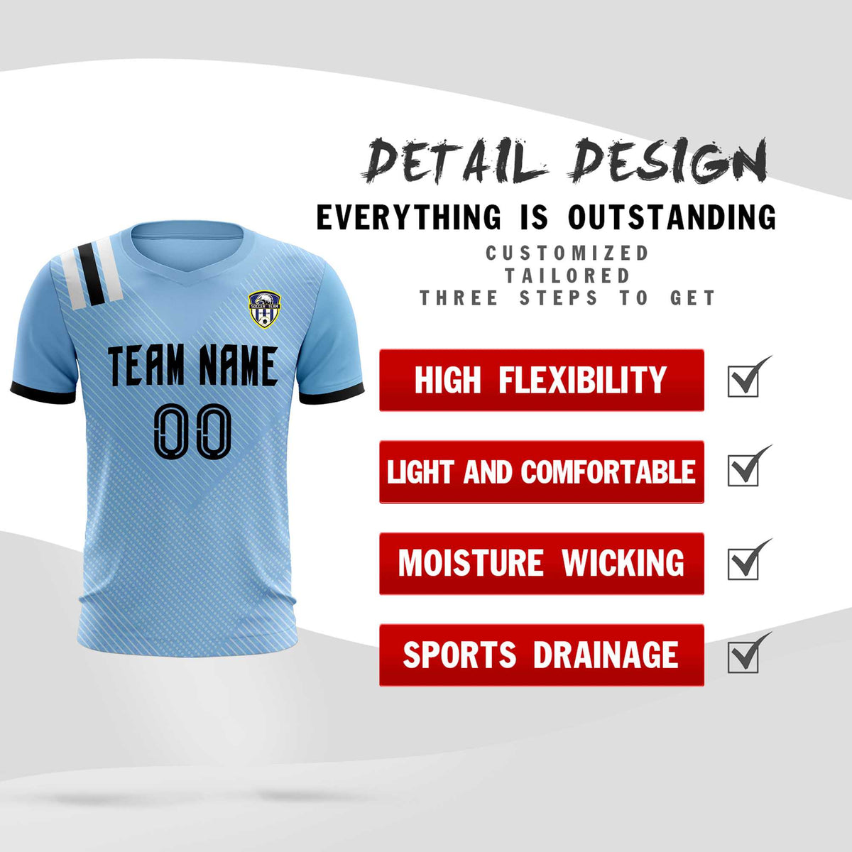 Custom Light Blue Striped Sportswear Football Kit Jersey For Adults