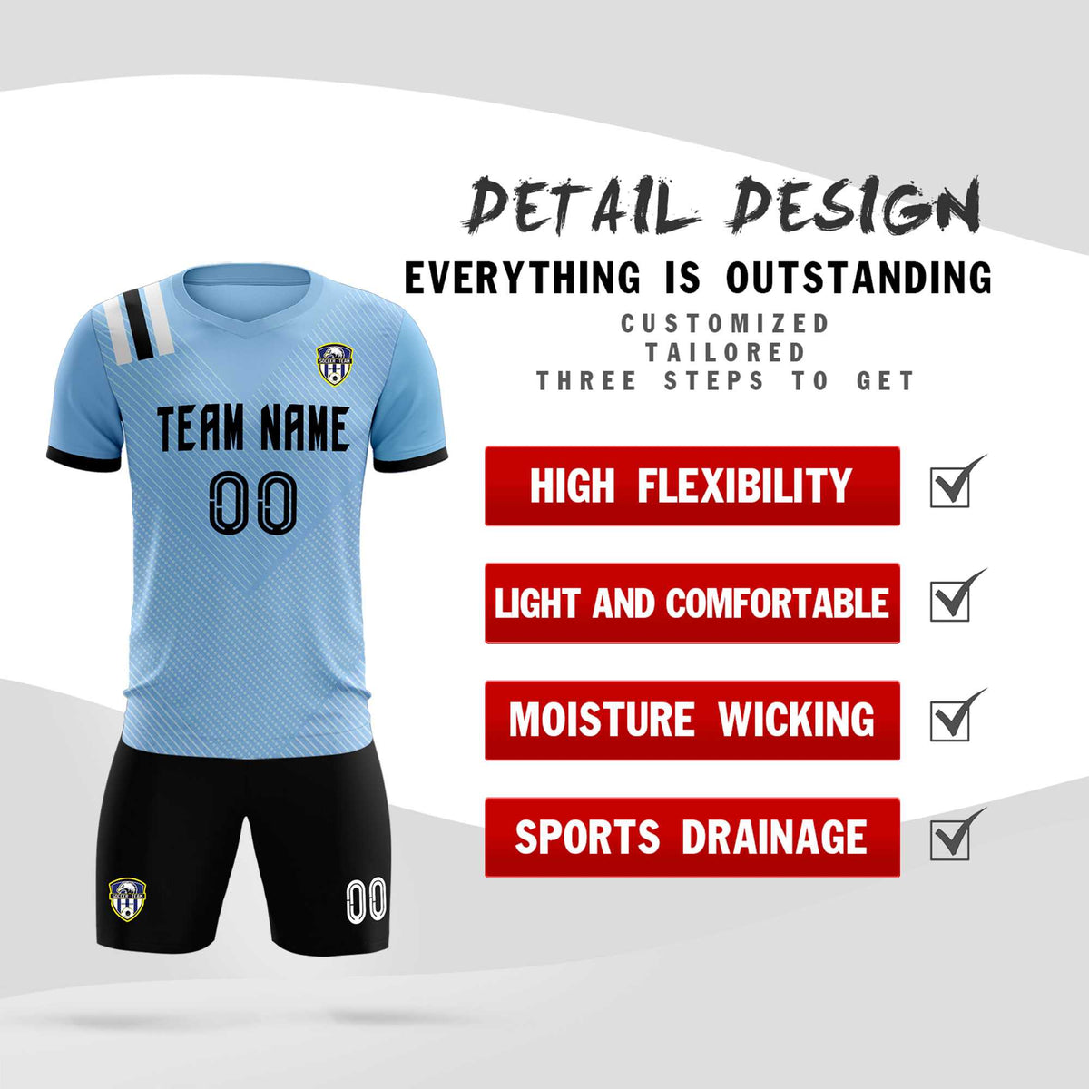 Custom Light Blue Striped Sportswear Football Kit Jersey For Adults