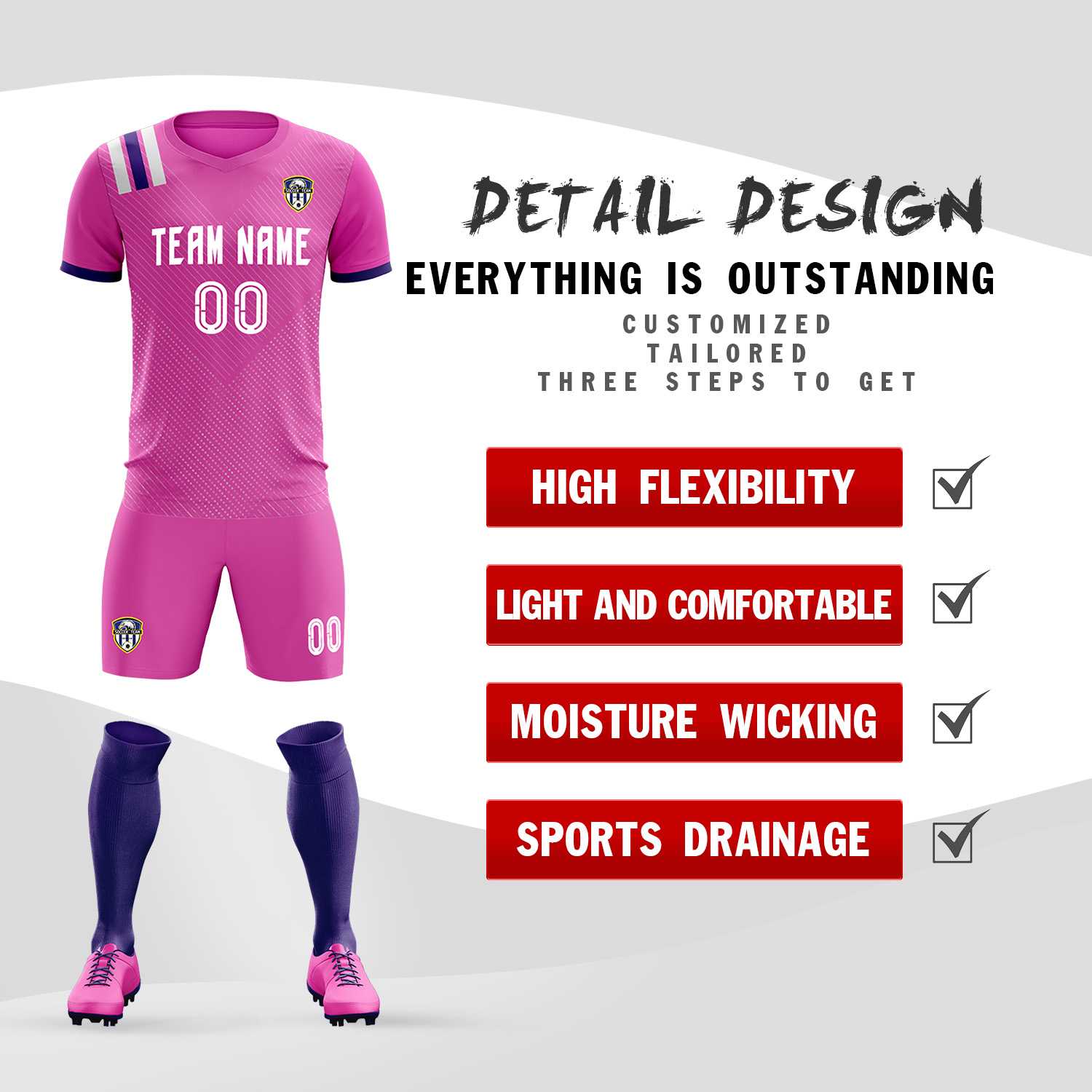 Custom Light Red Striped Sportswear Football Kit Jersey For Adults