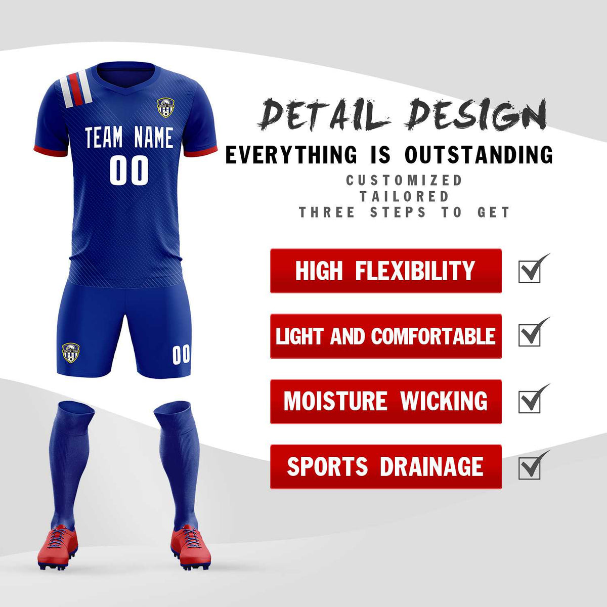 Custom Royal Striped Sportswear Football Kit Jersey For Adults
