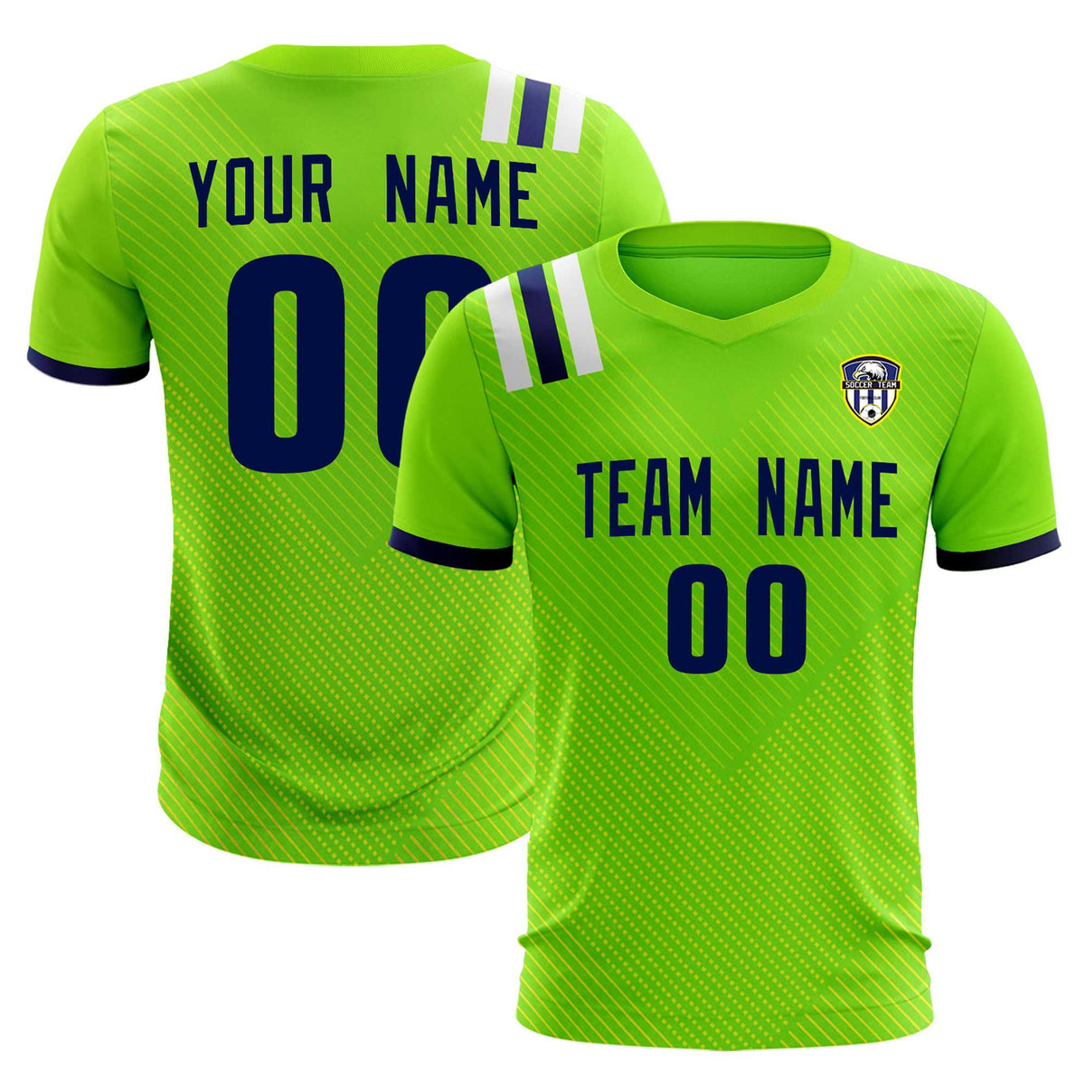 Custom Neon Green Striped Sportswear Football Kit Jersey For Adults
