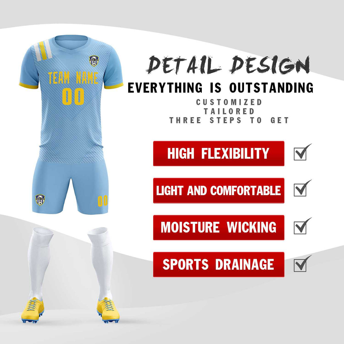 Custom Light Blue Striped Sportswear Football Kit Jersey For Adults
