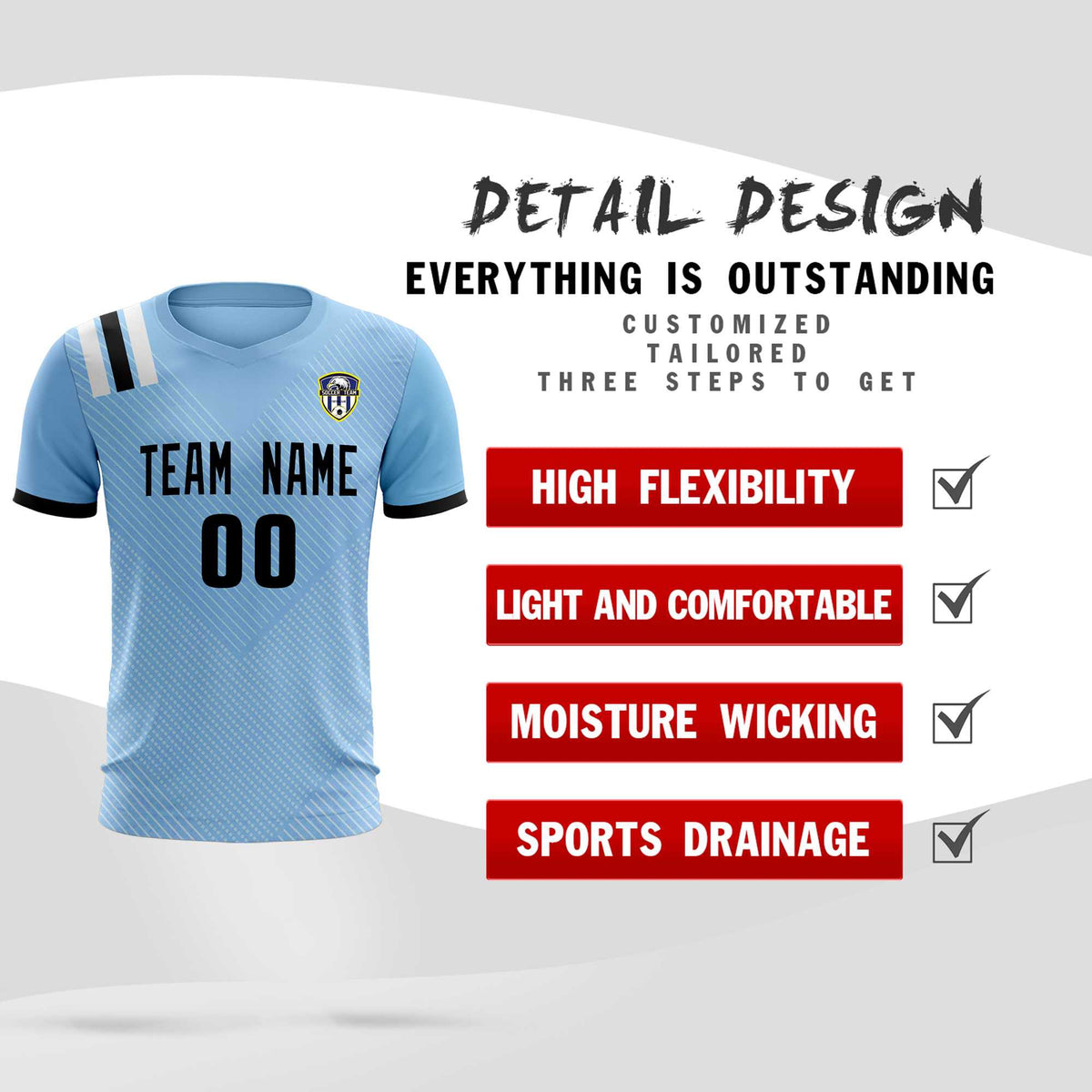 Custom Light Blue Striped Sportswear Football Kit Jersey For Adults