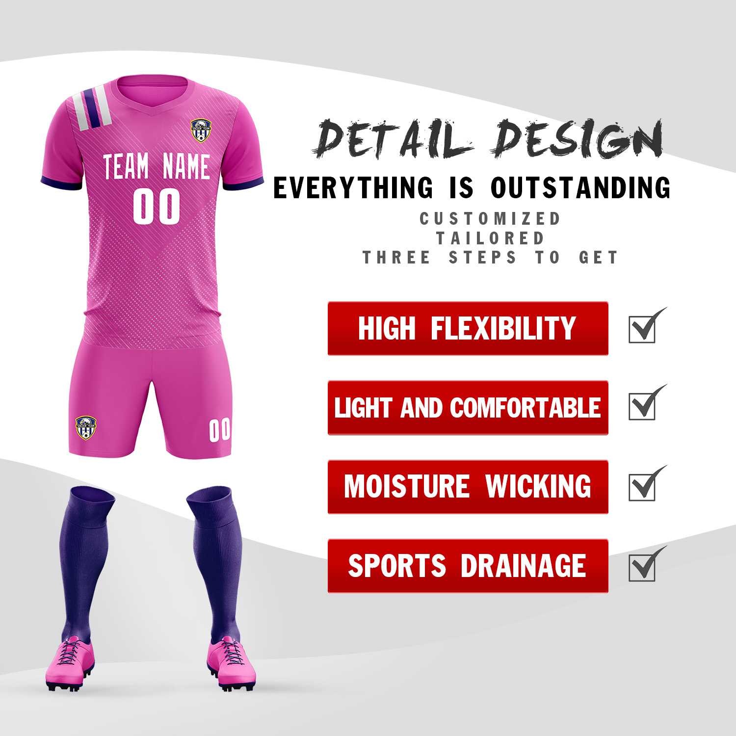 Custom Light Red Striped Sportswear Football Kit Jersey For Adults