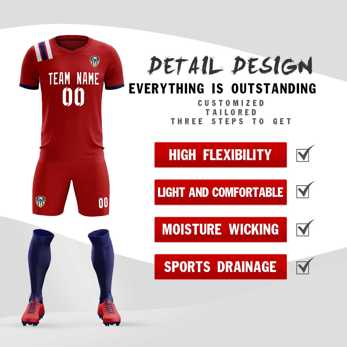 Custom Red Striped Sportswear Football Kit Jersey For Adults