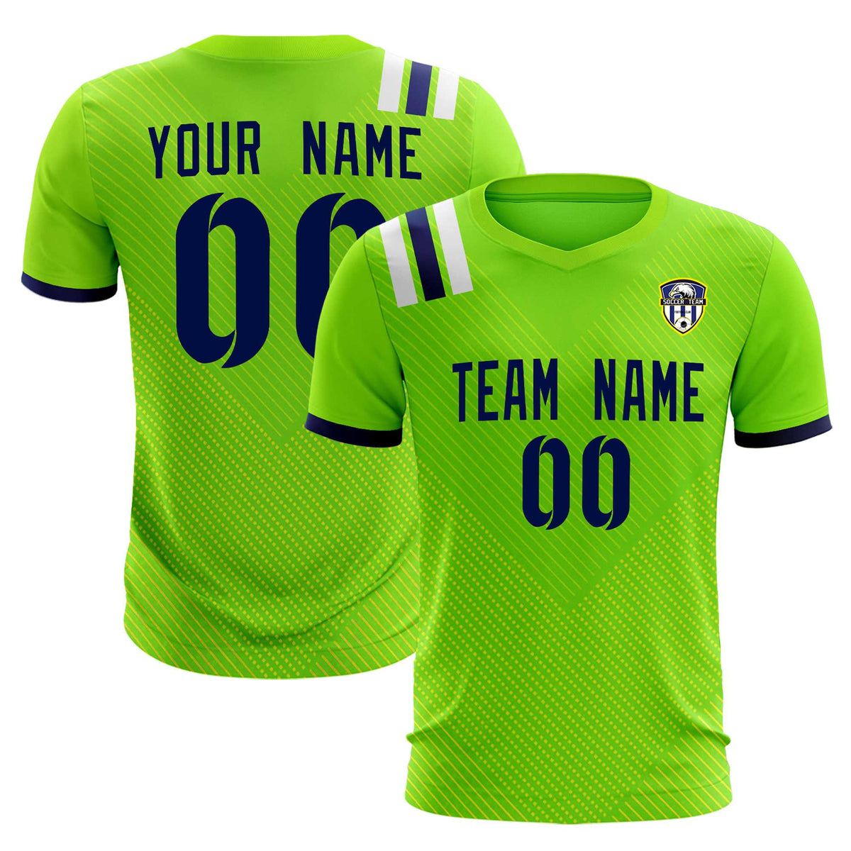 Custom Neon Green Striped Sportswear Football Kit Jersey For Adults