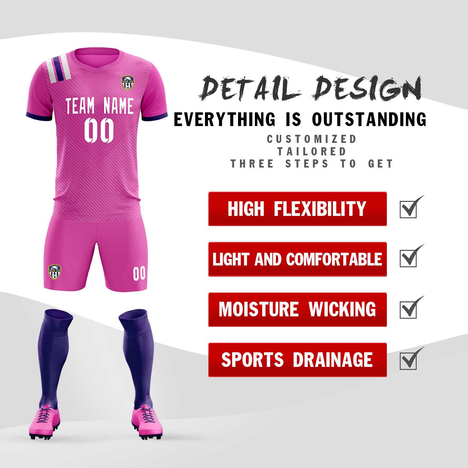 Custom Light Red Striped Sportswear Football Kit Jersey For Adults