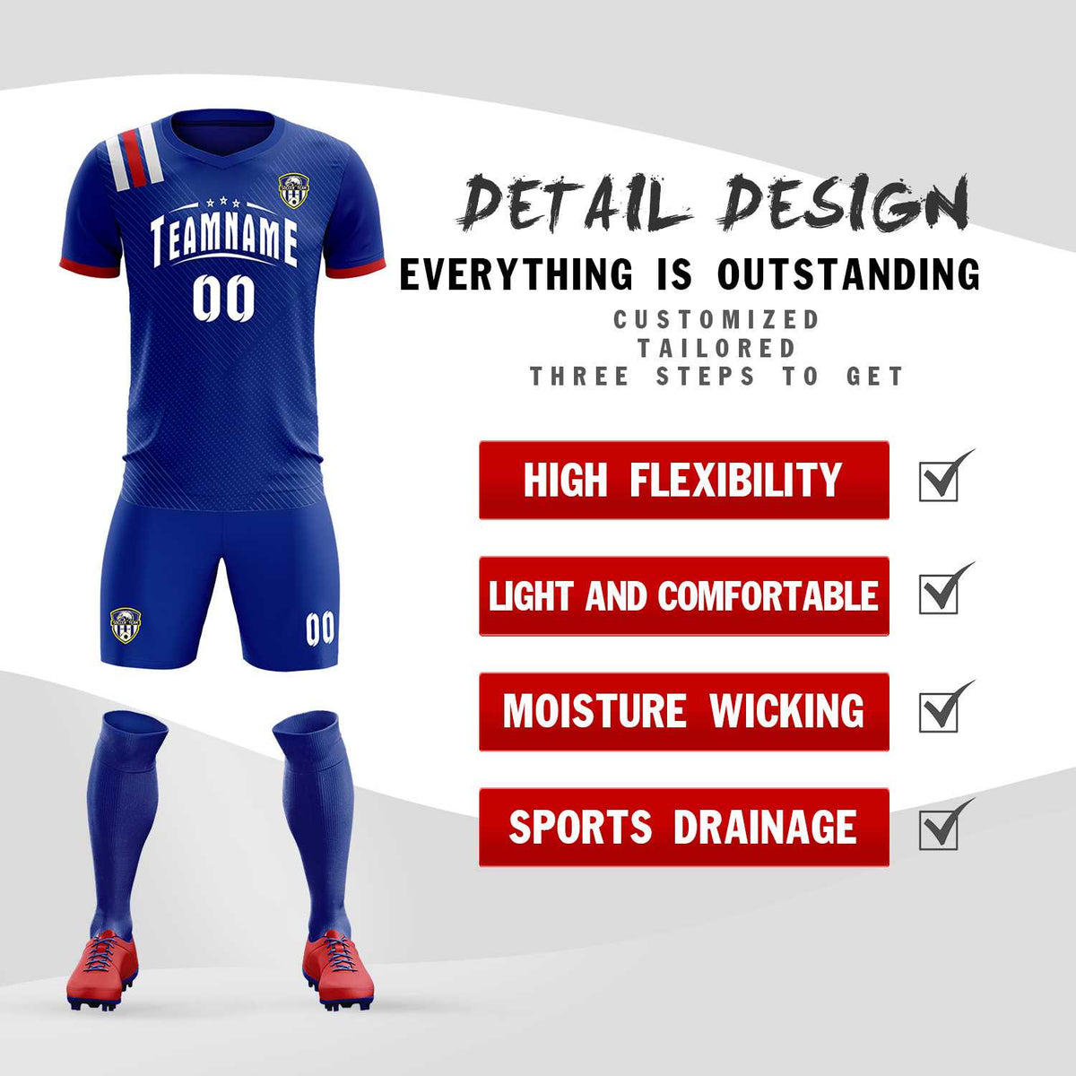 Custom Royal Striped Sportswear Football Kit Jersey For Adults
