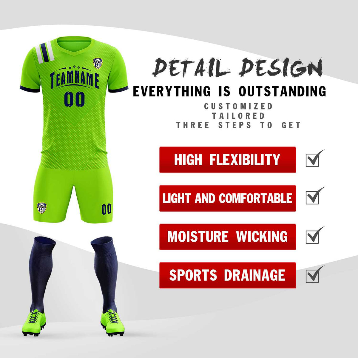 Custom Neon Green Striped Sportswear Football Kit Jersey For Adults