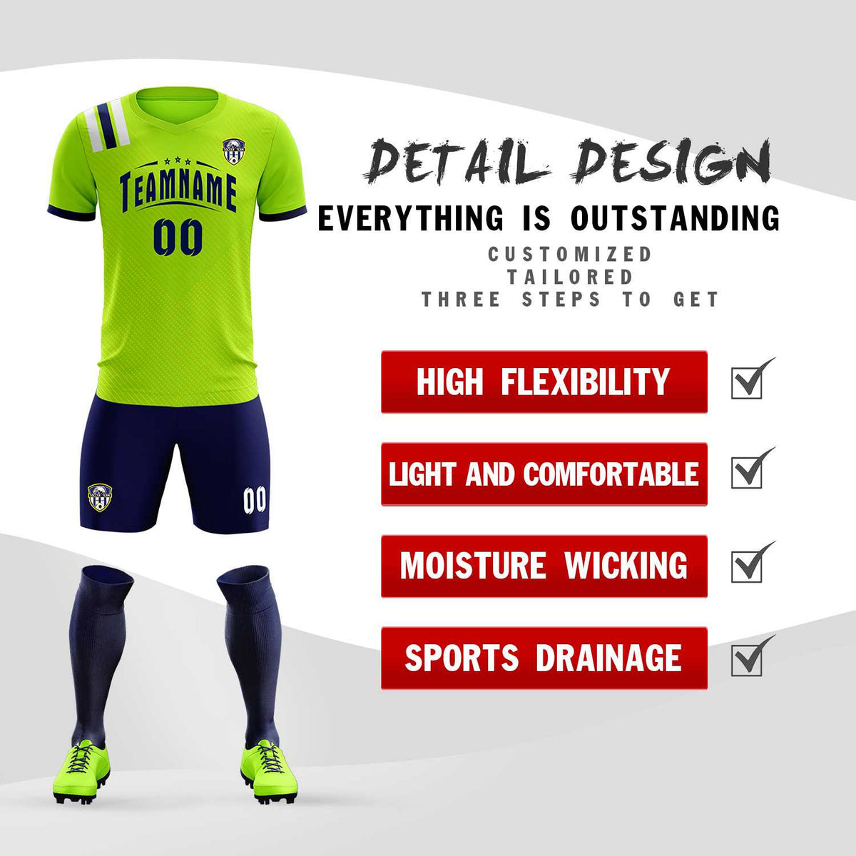 Custom Neon Green Striped Sportswear Football Kit Jersey For Adults