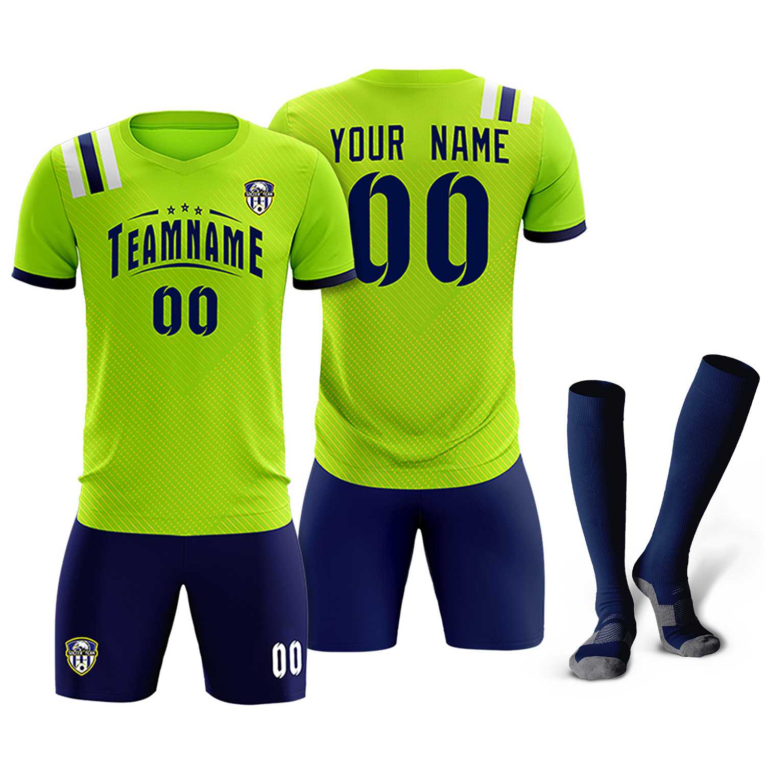 Custom Neon Green Striped Sportswear Football Kit Jersey For Adults