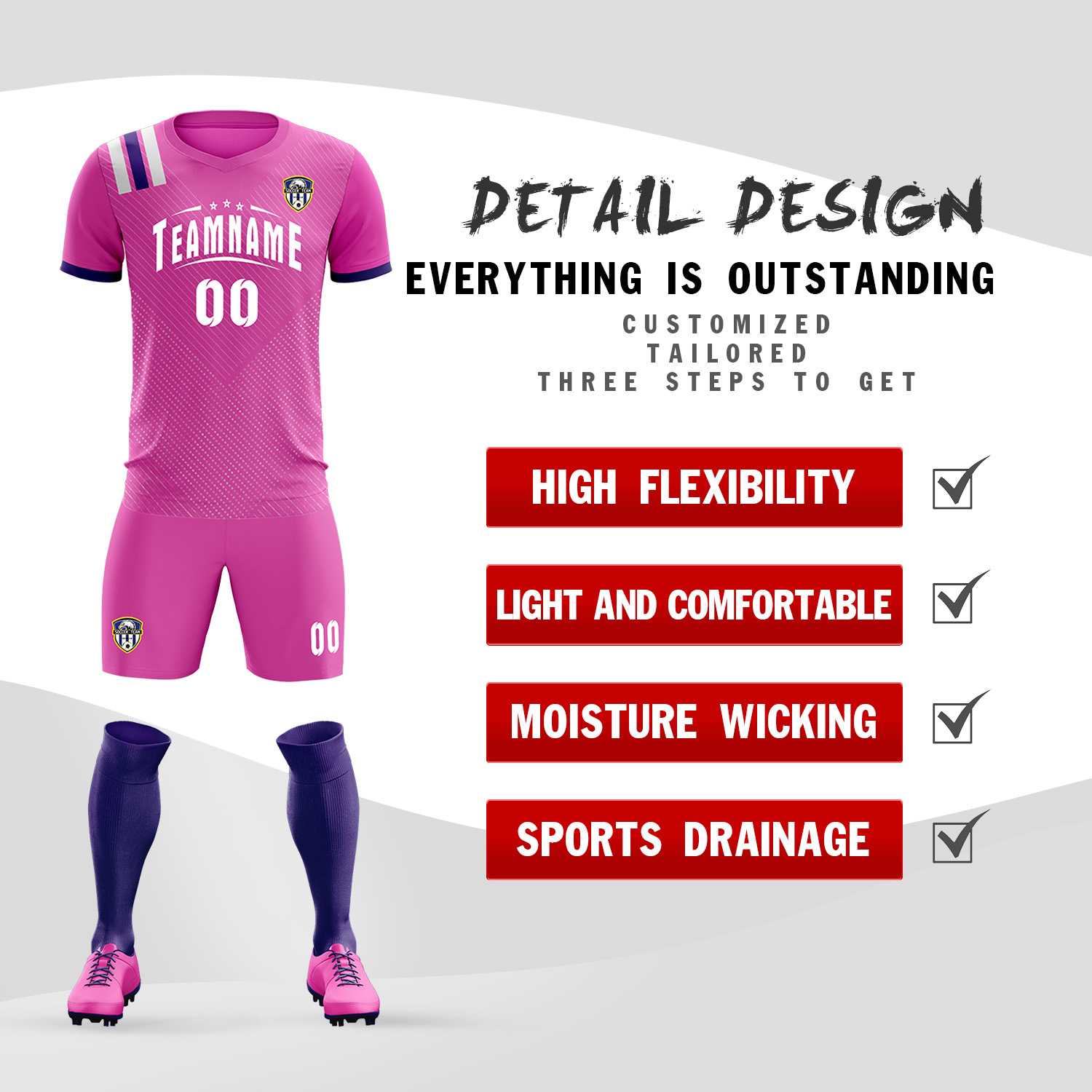 Custom Light Red Striped Sportswear Football Kit Jersey For Adults