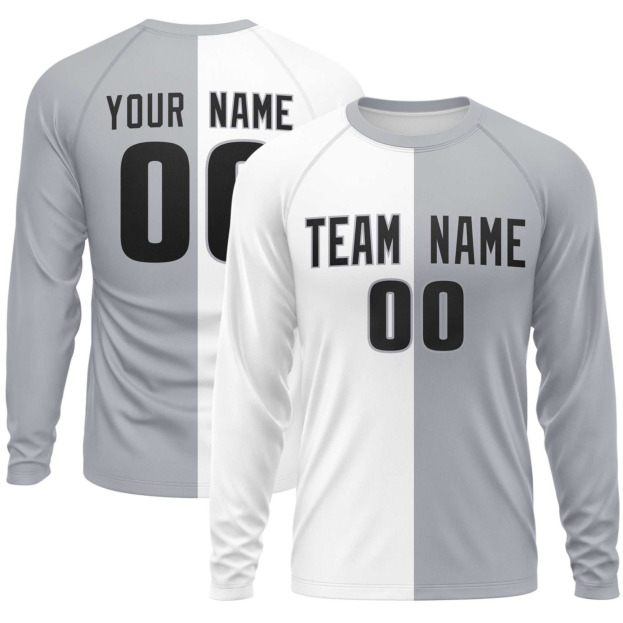 Custom White Gray Crew Neck Split Design Long Sleeve Performance T-Shirt | KXKSHOP