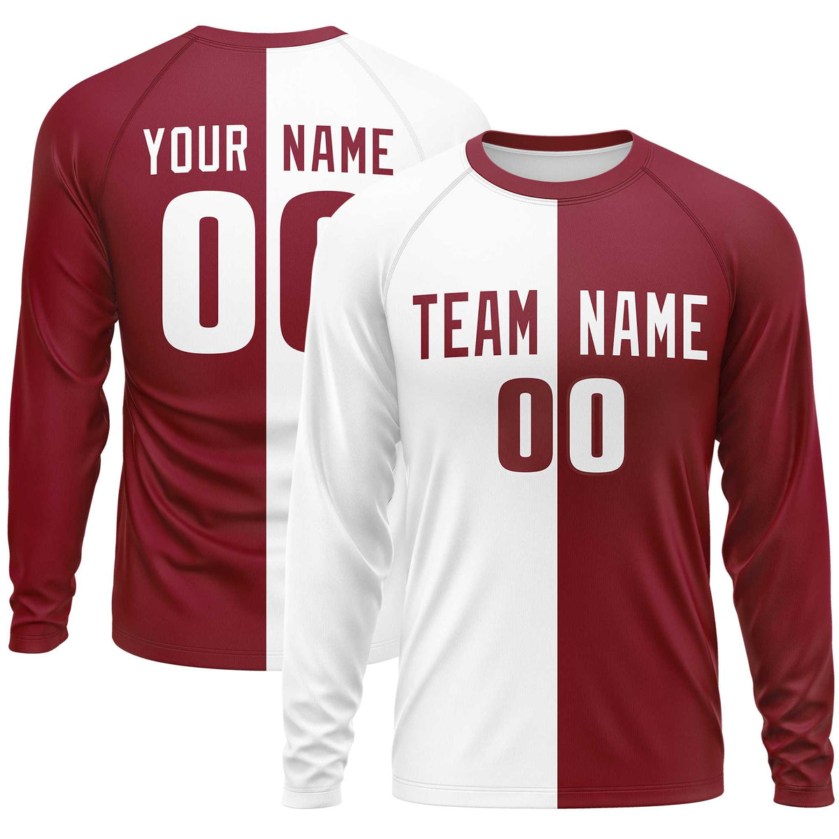 Custom White Crimson Crew Neck Split Design Long Sleeve Performance T-Shirt | KXKSHOP