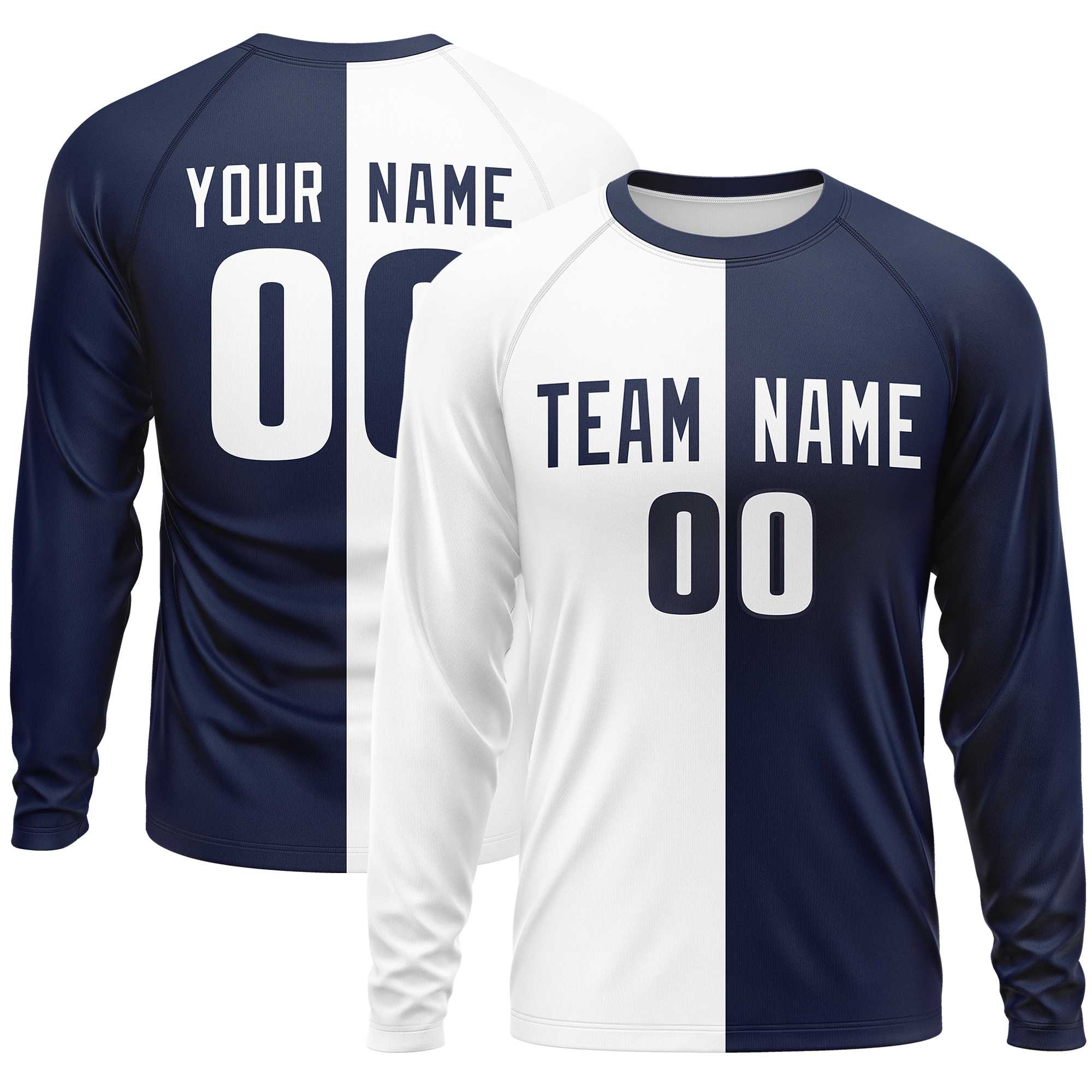 Custom White Navy Crew Neck Split Design Long Sleeve Performance T-Shirt | KXKSHOP