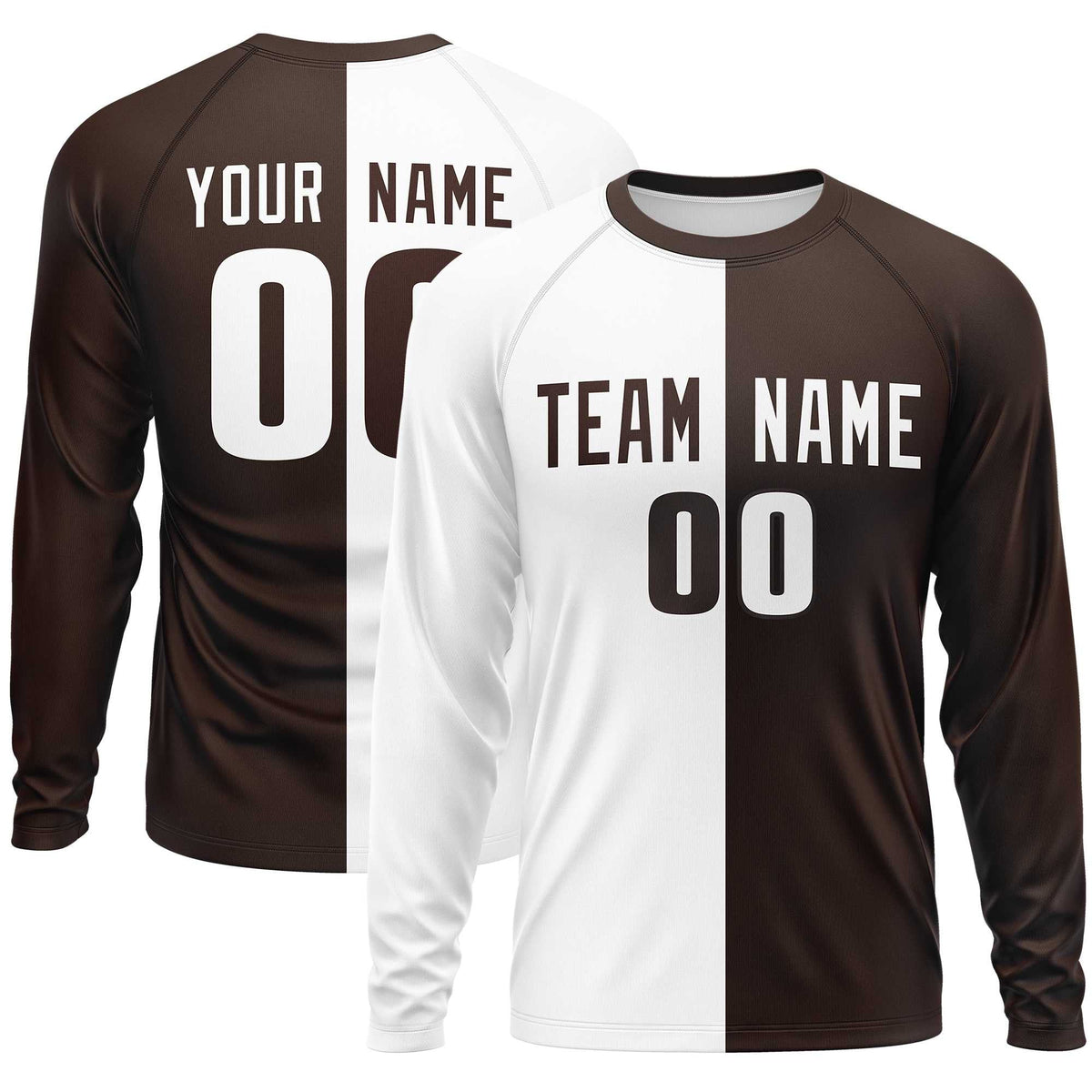 Custom White Brown Crew Neck Split Design Long Sleeve Performance T-Shirt | KXKSHOP