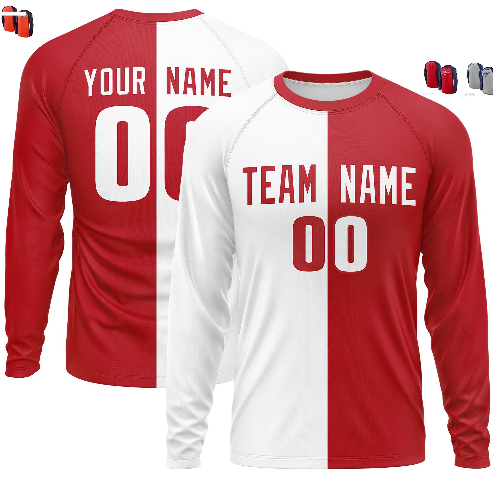 Custom White Red Crew Neck Split Design Long Sleeve Performance T-Shirt | KXKSHOP