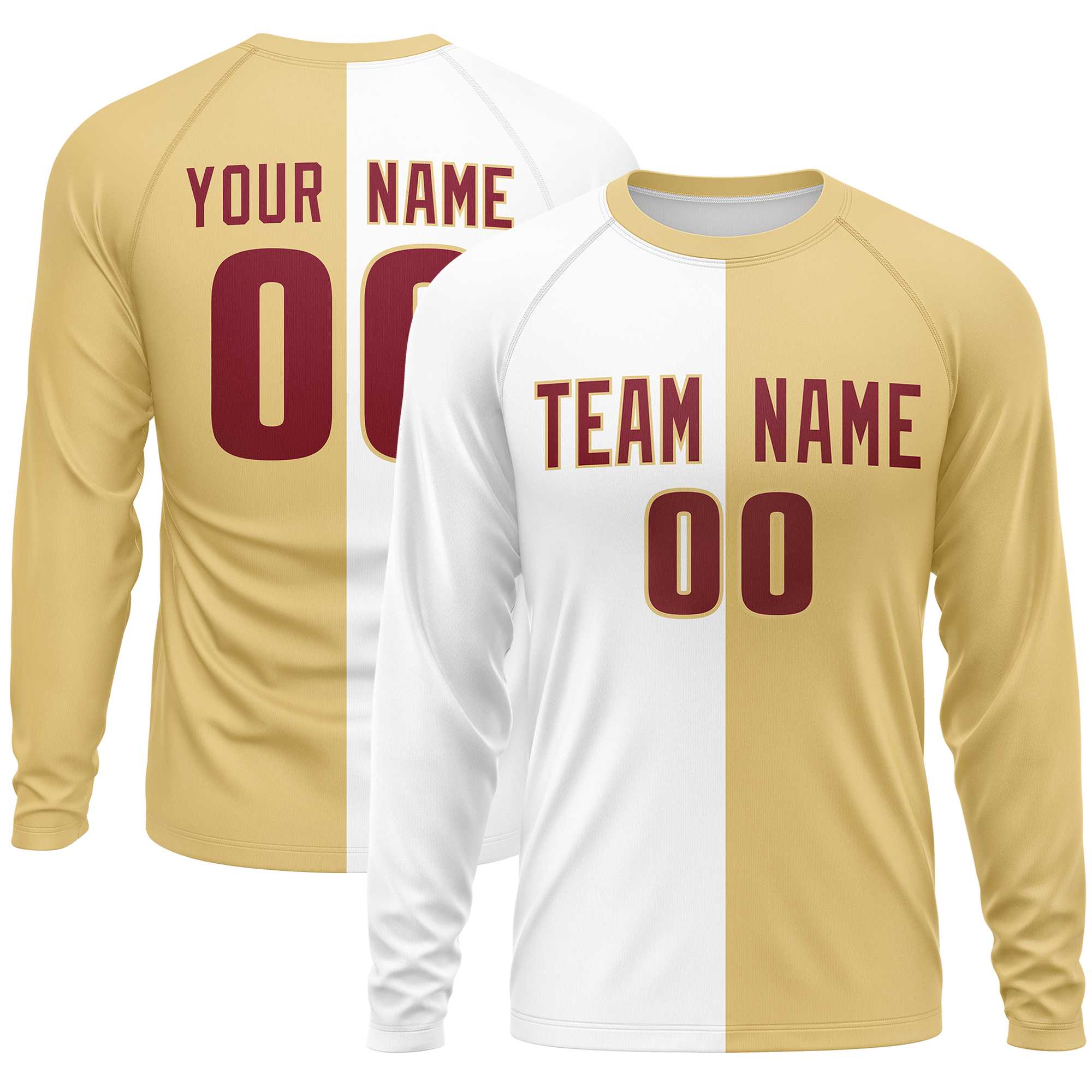 Custom White Khaki Crew Neck Split Design Long Sleeve Performance T-Shirt | KXKSHOP