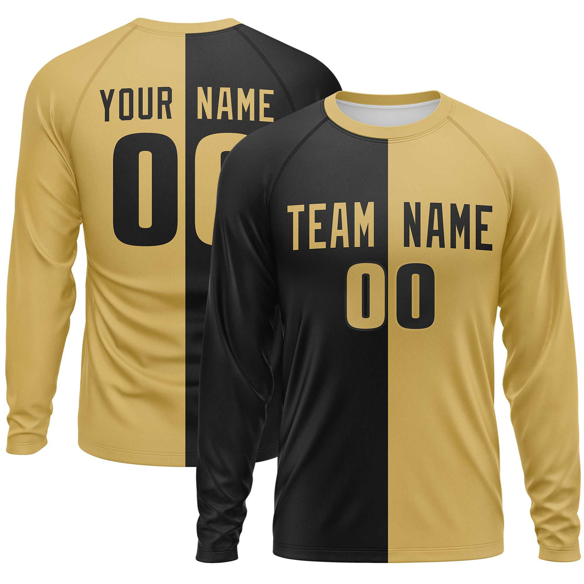 Custom Black Old Gold Crew Neck Split Design Long Sleeve Performance T-Shirt | KXKSHOP