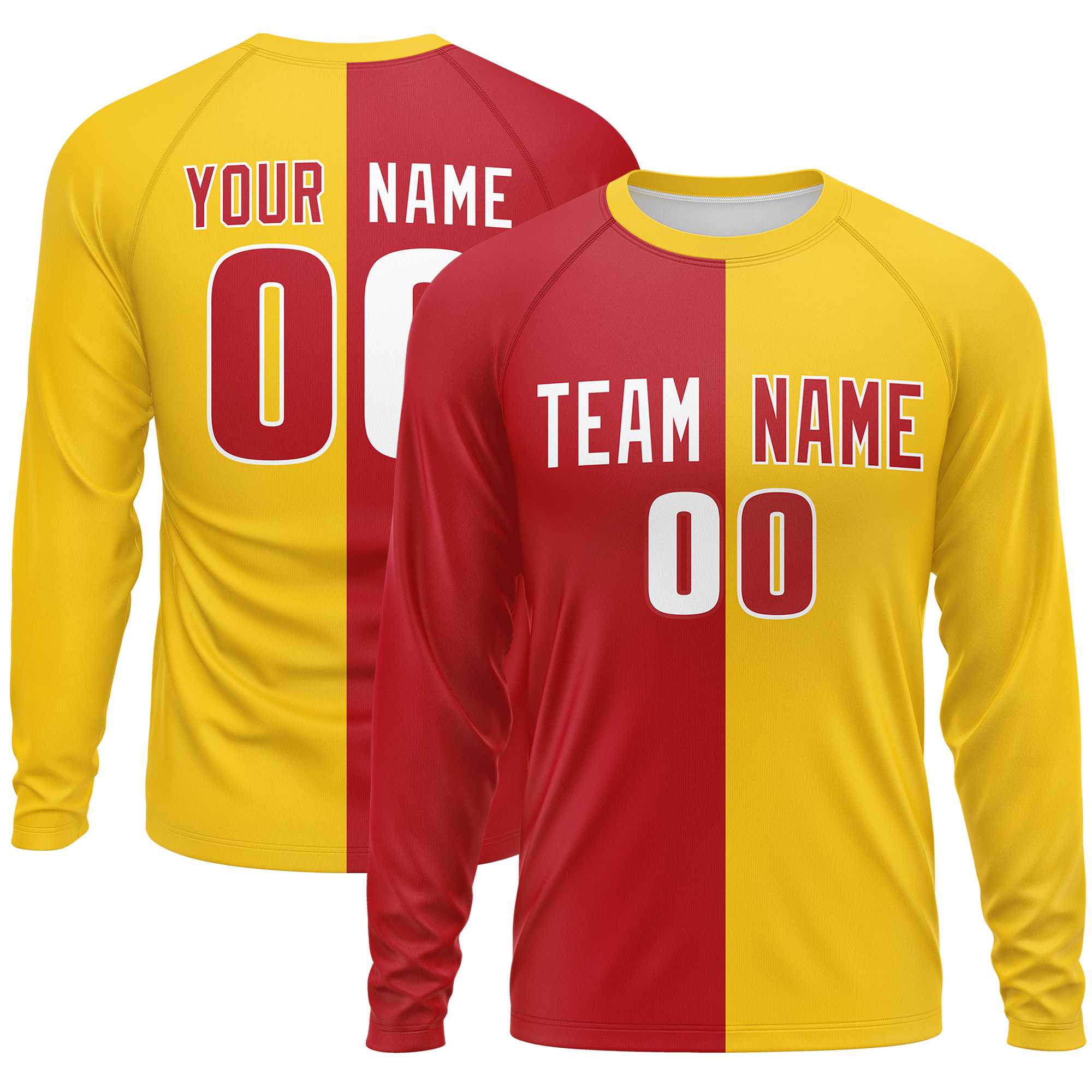 Custom Red Gold Crew Neck Split Design Long Sleeve Performance T-Shirt | KXKSHOP