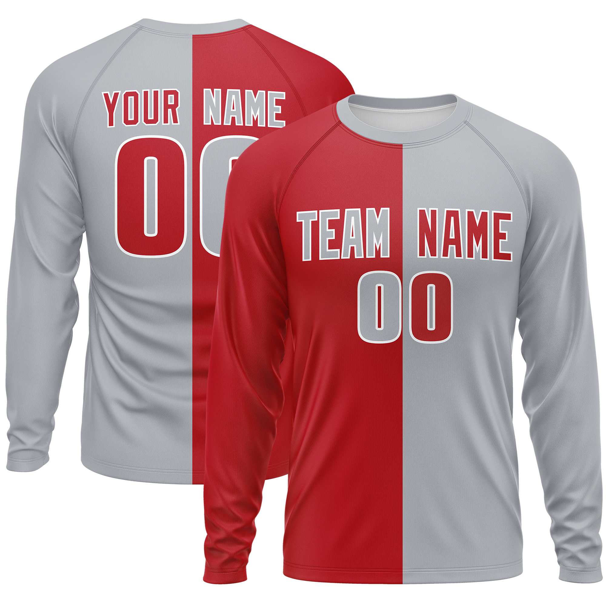 Custom Gray Red Crew Neck Split Design Long Sleeve Performance T-Shirt | KXKSHOP