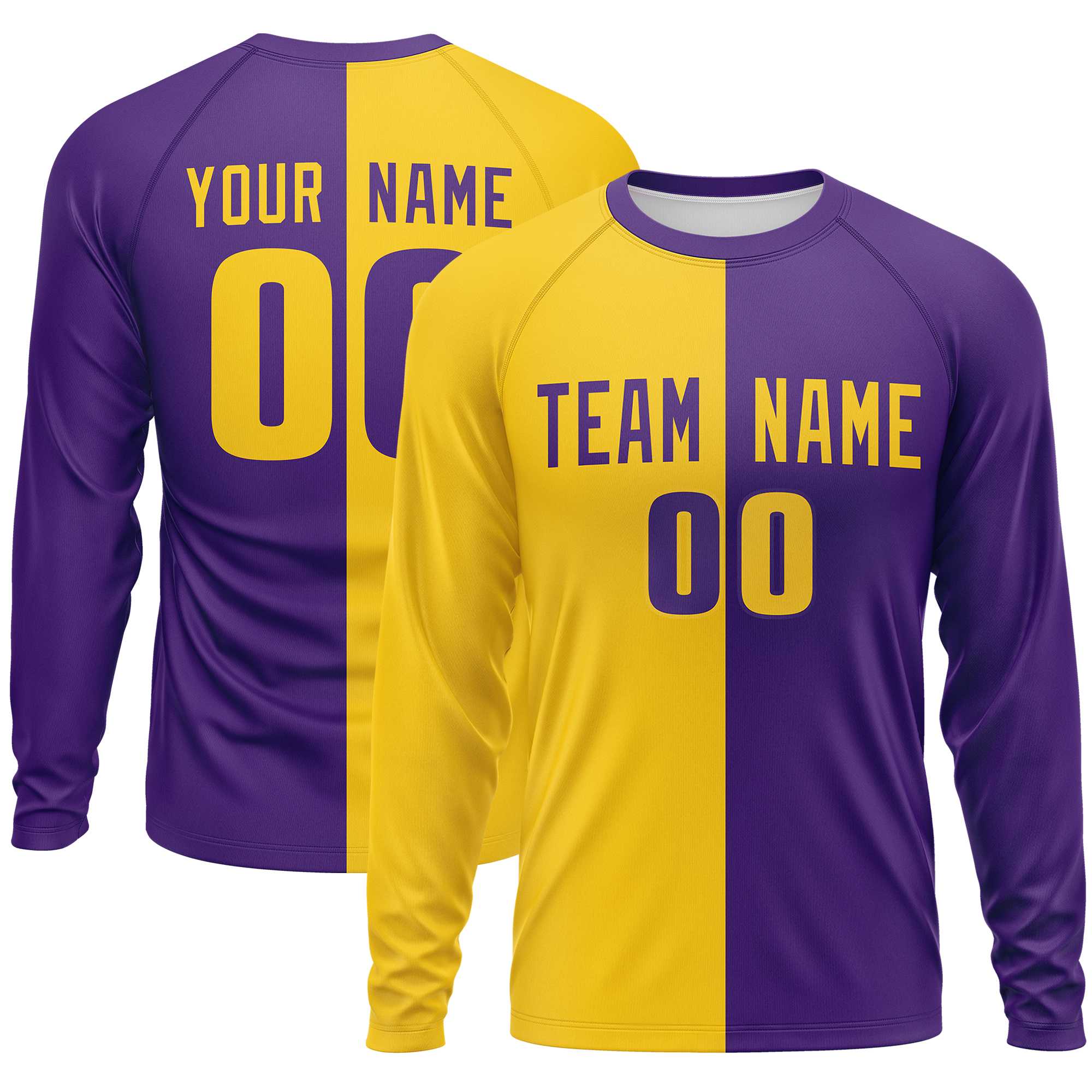 Custom Gold Purple Crew Neck Split Design Long Sleeve Performance T-Shirt | KXKSHOP