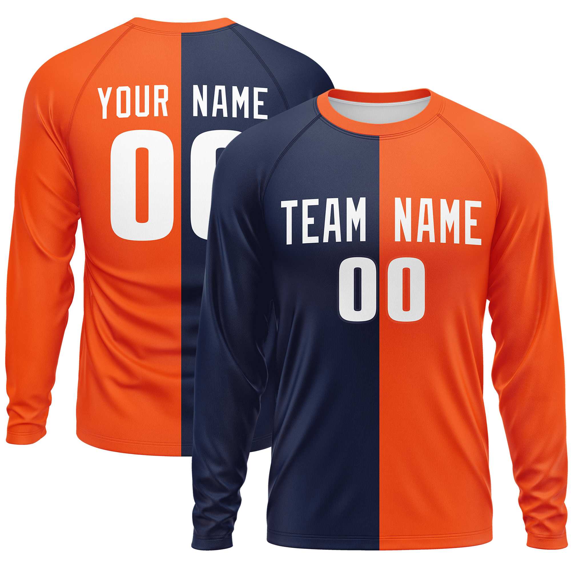 Custom Navy Orange Crew Neck Split Design Long Sleeve Performance T-Shirt | KXKSHOP