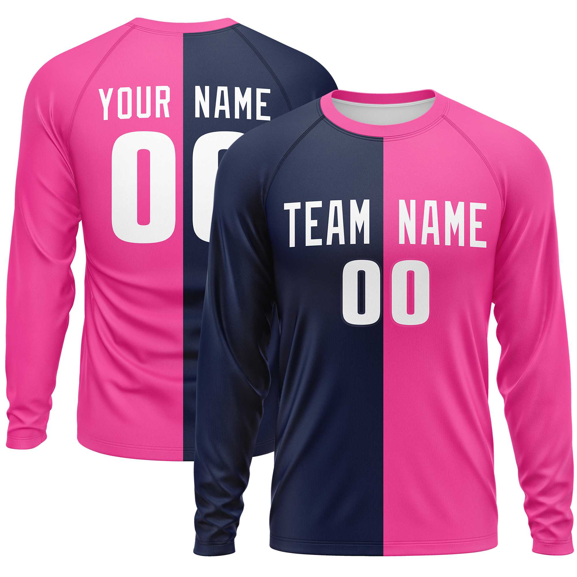 Custom Navy Pink Crew Neck Split Design Long Sleeve Performance T-Shirt | KXKSHOP