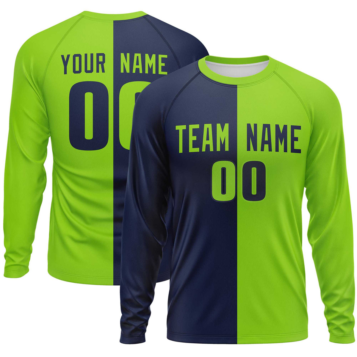 Custom Navy Neon Green Crew Neck Split Design Long Sleeve Performance T-Shirt | KXKSHOP
