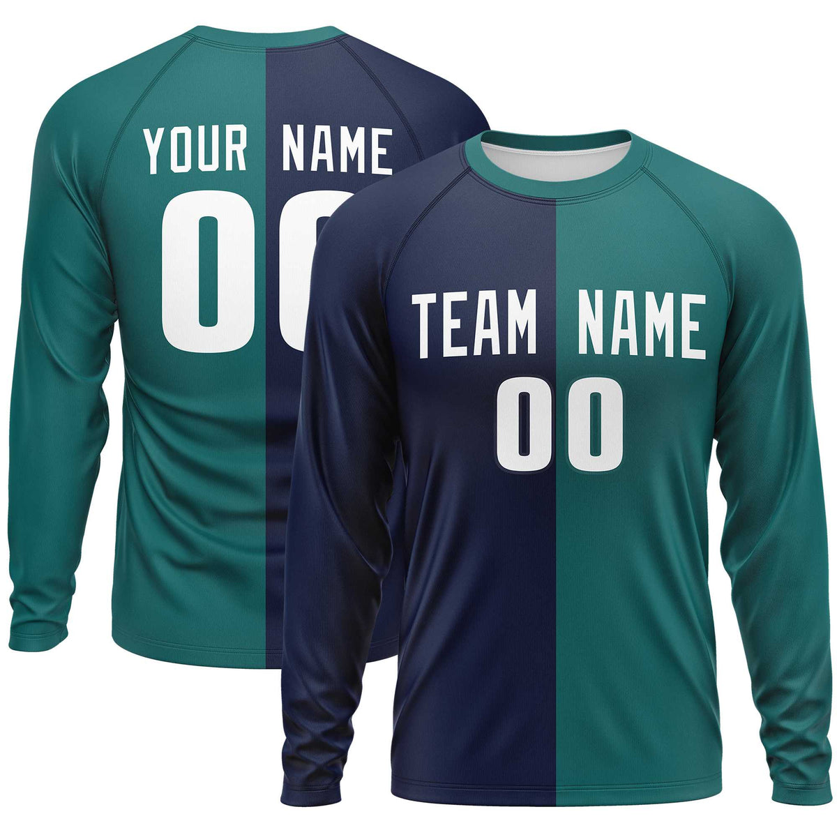 Custom Navy Aqua Crew Neck Split Design Long Sleeve Performance T-Shirt | KXKSHOP
