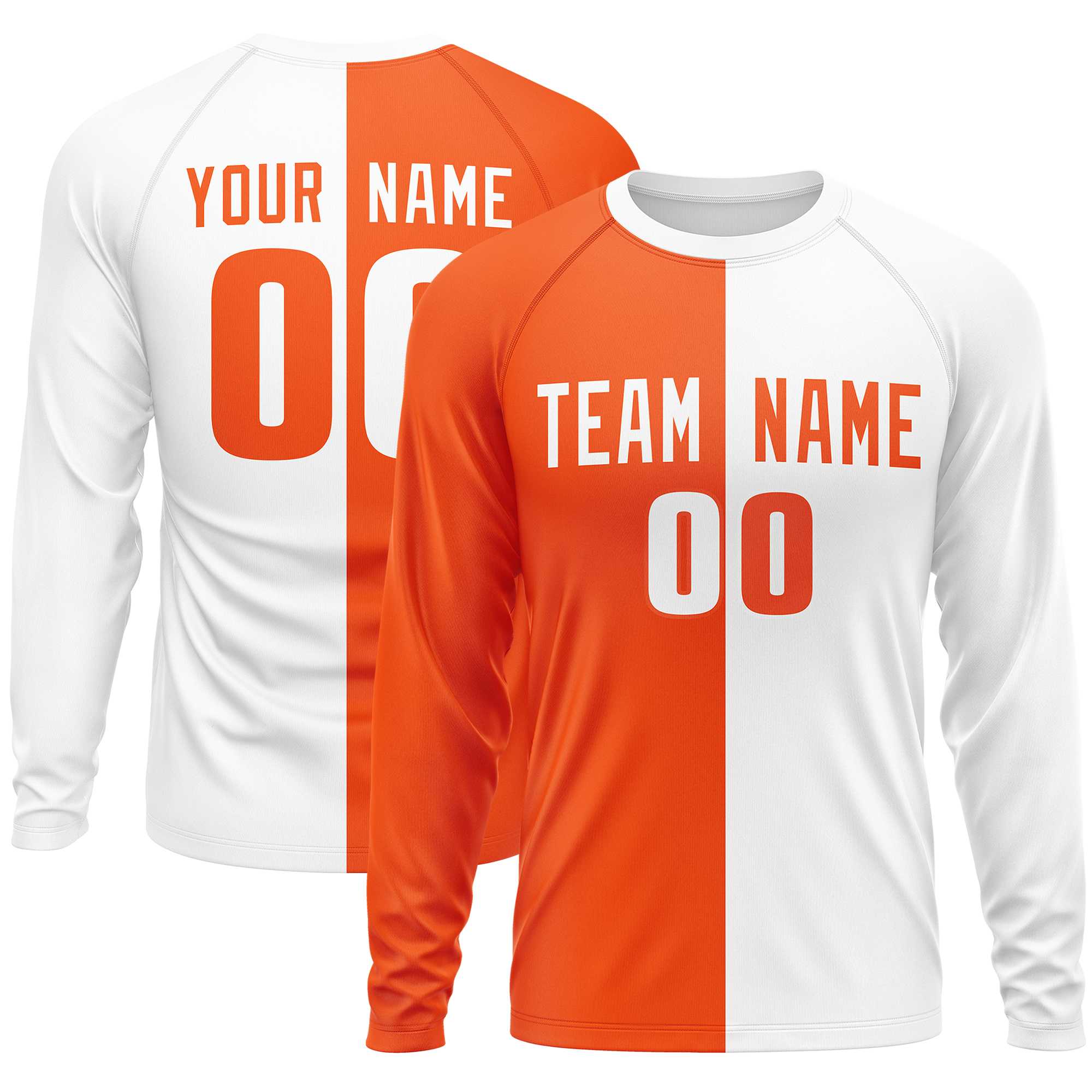 Custom Orange White Crew Neck Split Design Long Sleeve Performance T-Shirt | KXKSHOP