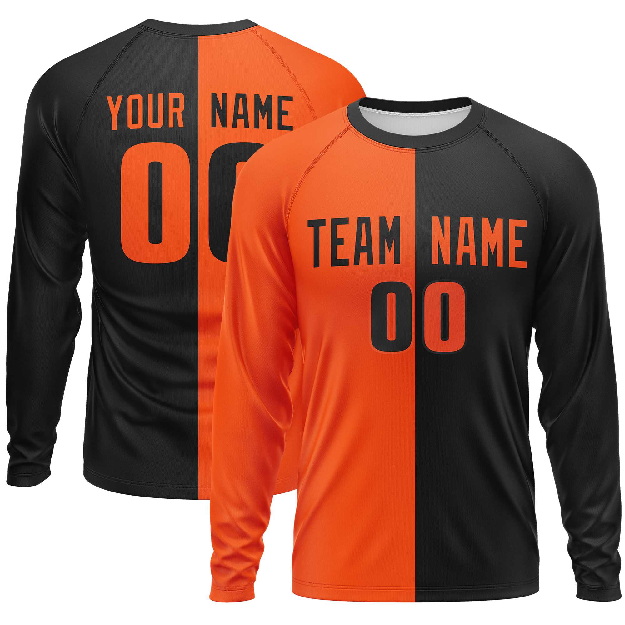 Custom Orange Black Crew Neck Split Design Long Sleeve Performance T-Shirt | KXKSHOP