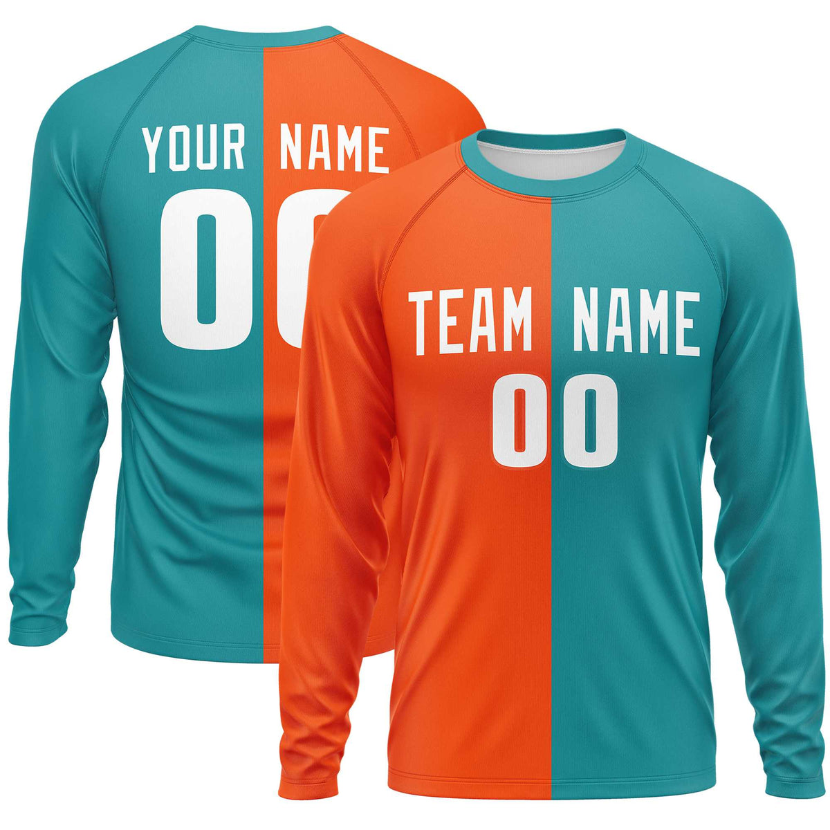 Custom Orange Aqua Crew Neck Split Design Long Sleeve Performance T-Shirt | KXKSHOP