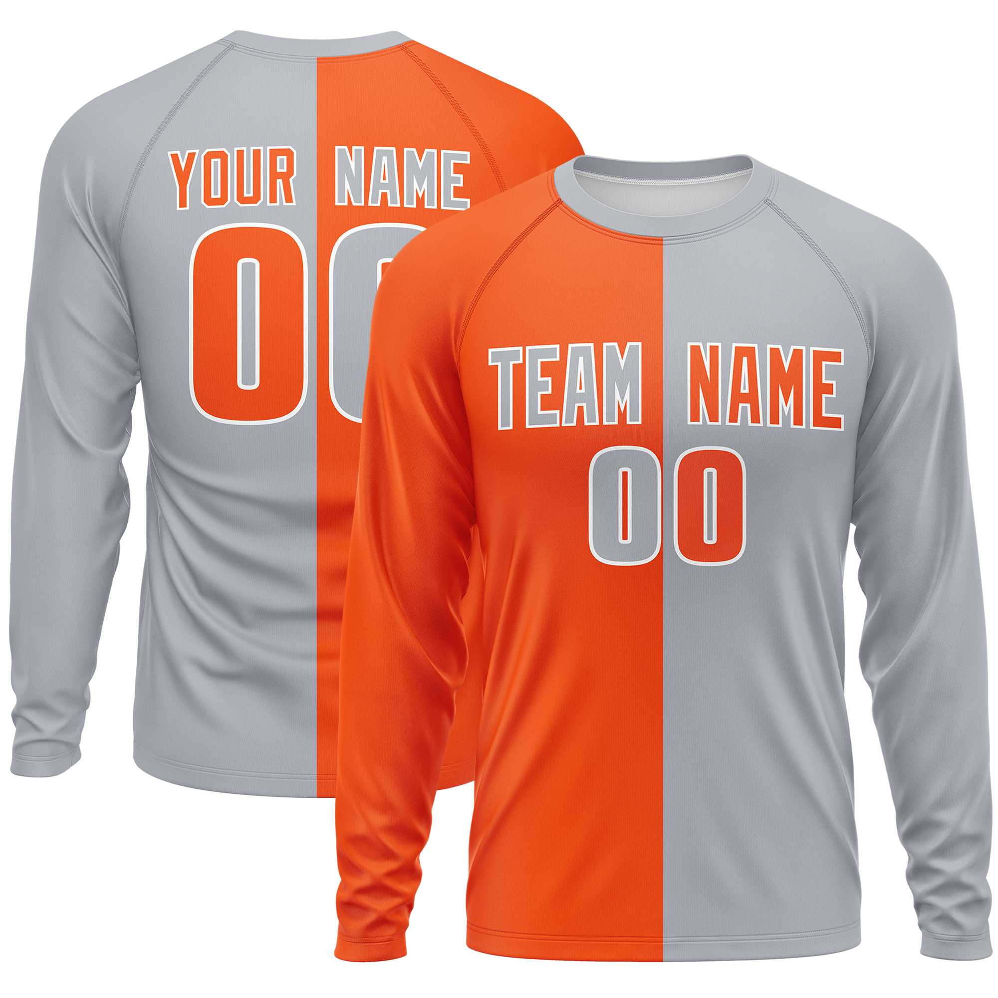 Custom Orange Gray Crew Neck Split Design Long Sleeve Performance T-Shirt | KXKSHOP